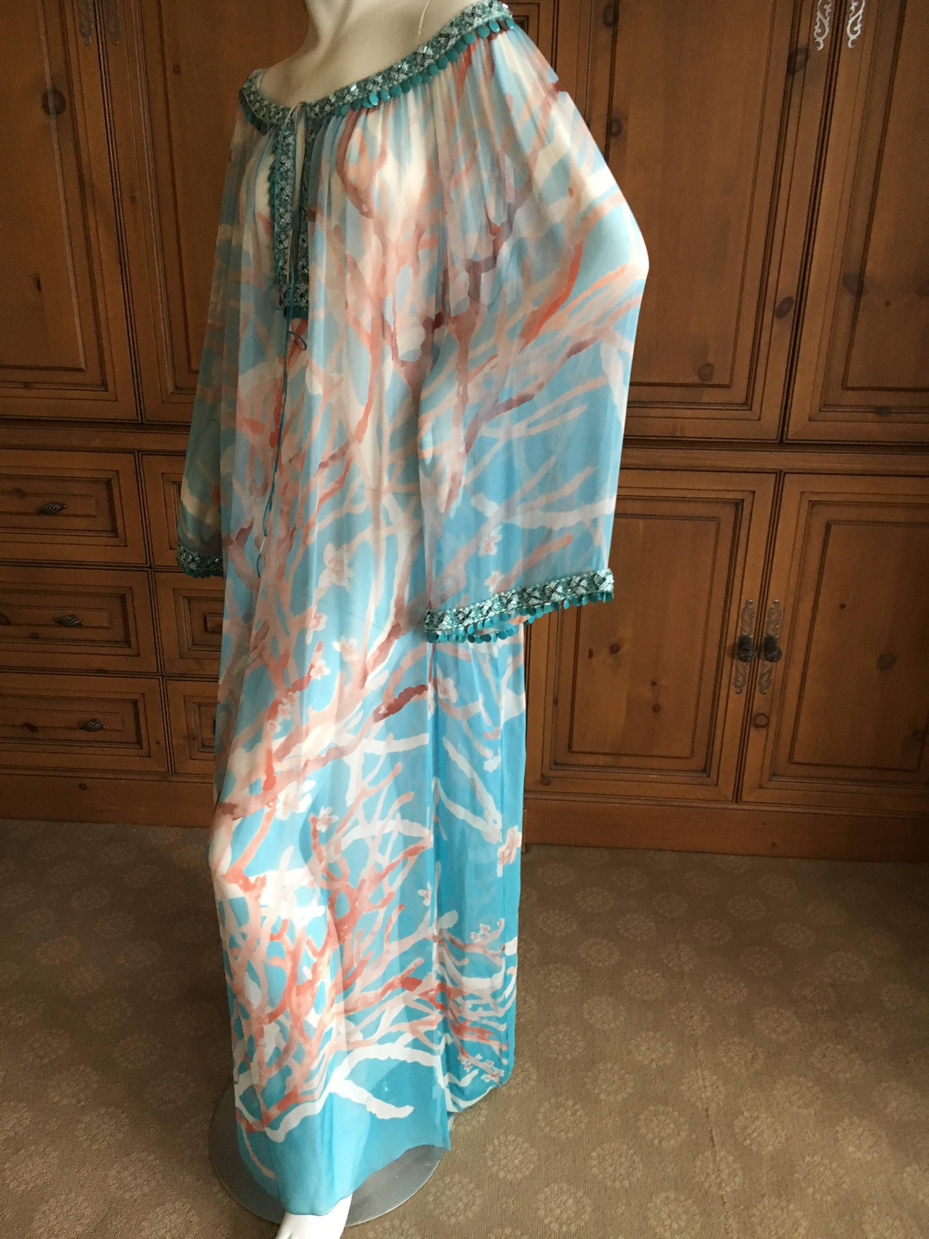 Oscar de la Renta Turquoise Bead Embellished Apple Blossom Caftan In New Condition For Sale In Cloverdale, CA