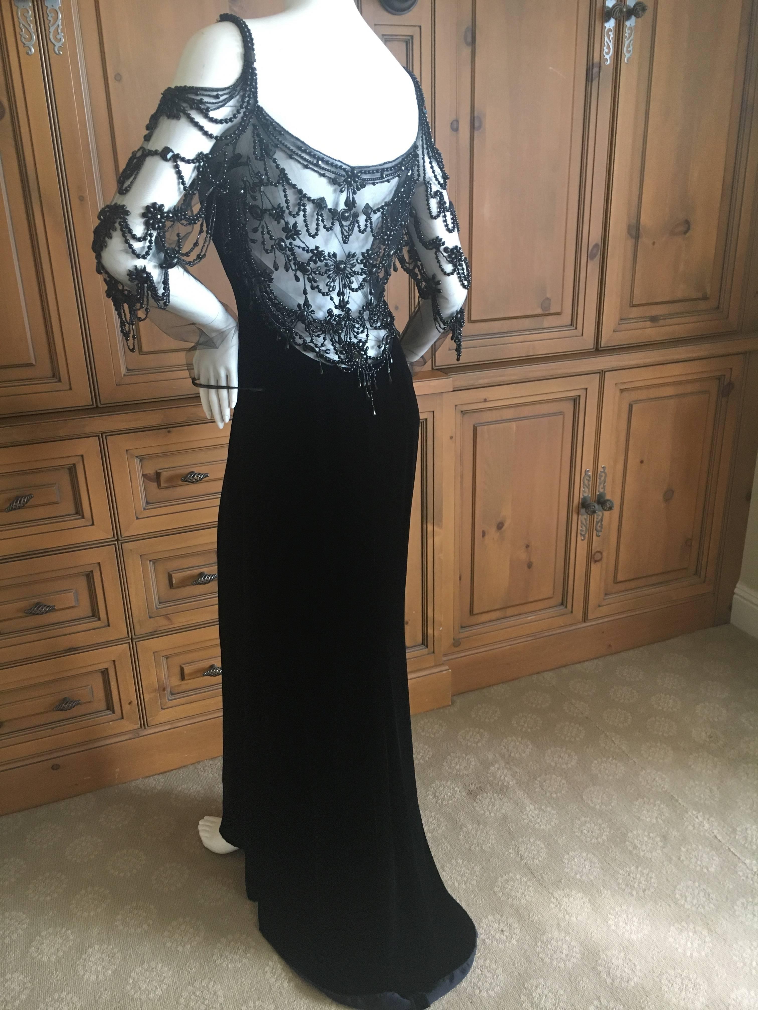 Valentino Vintage Black Velvet Evening Dress with Gorgeous Jet Beading on Net For Sale 1