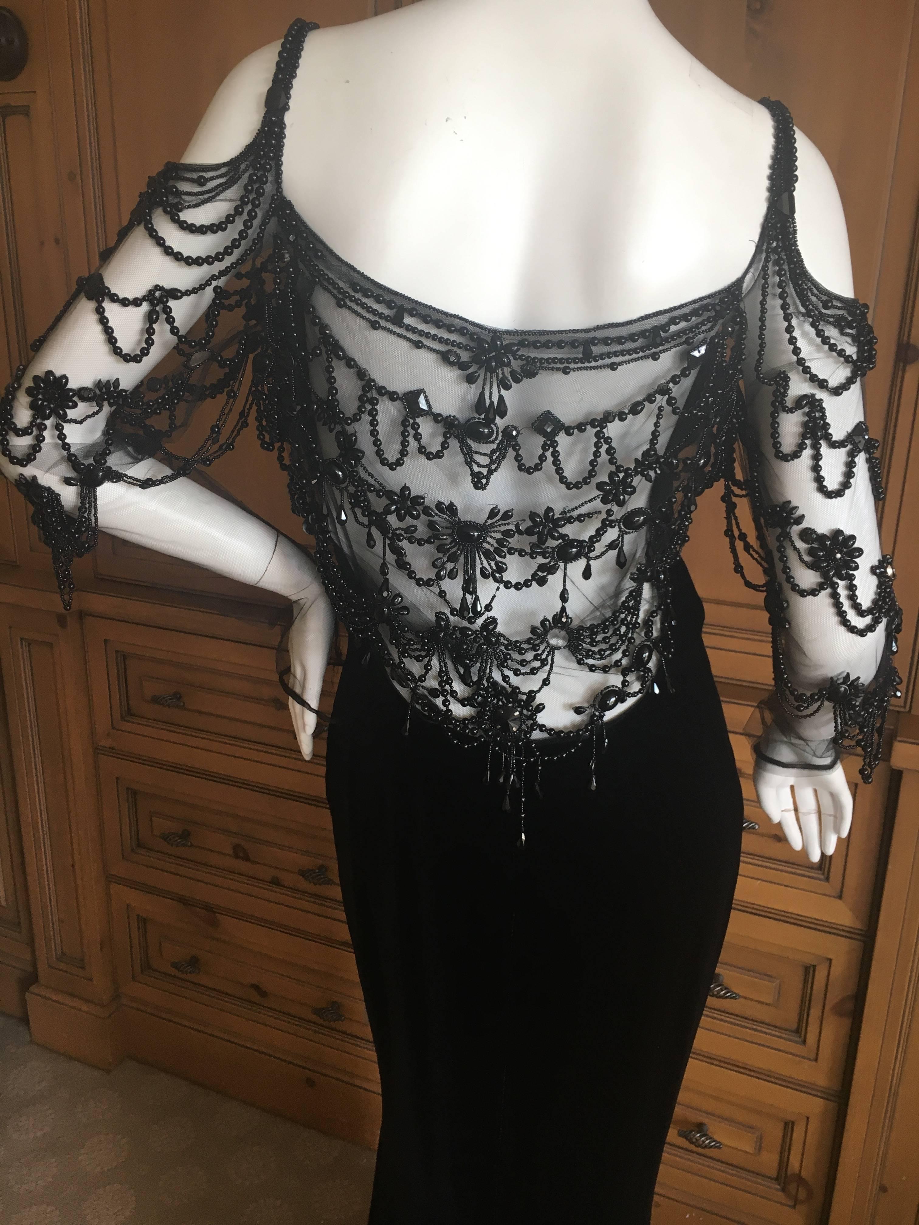 Women's Valentino Vintage Black Velvet Evening Dress with Gorgeous Jet Beading on Net For Sale