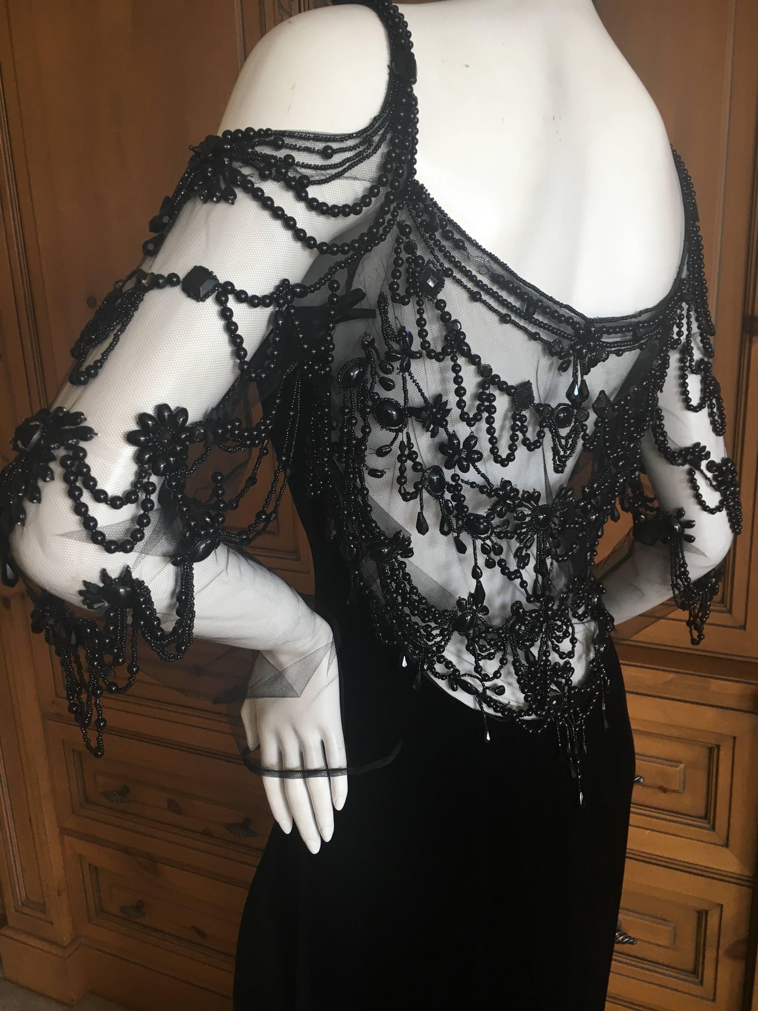 Valentino Vintage Black Velvet Evening Dress with Gorgeous Jet Beading on Net In Excellent Condition For Sale In Cloverdale, CA