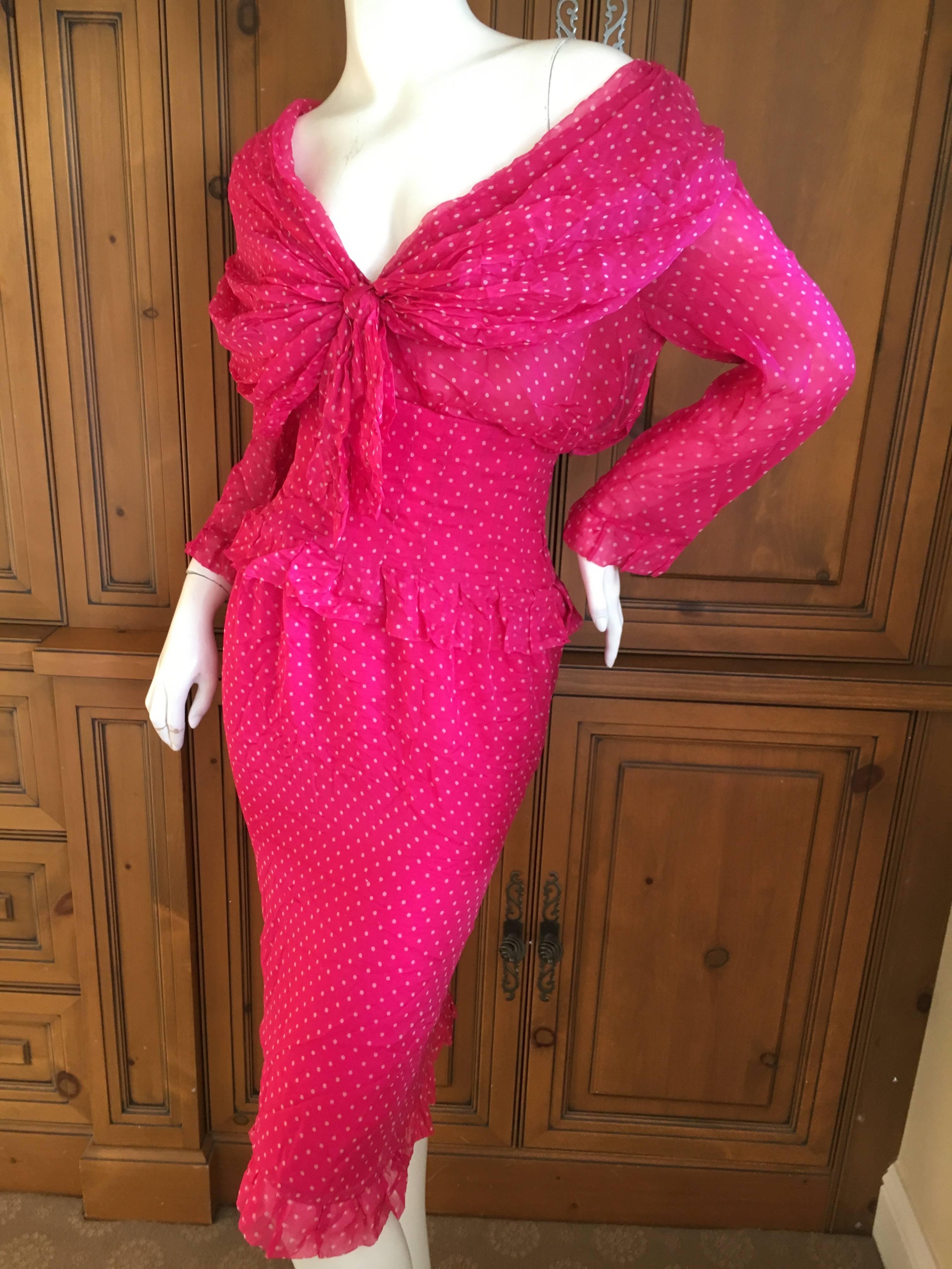 Red Christian Dior Numbered Haute Couture Silk Chiffon Day Dress Spring 1988 For Sale