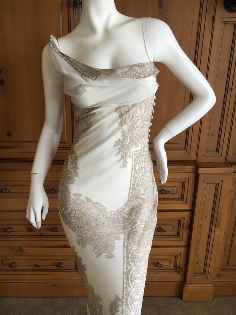John Galliano Vintage Bias Cut Silk Lace Print Silk Evening Dress at