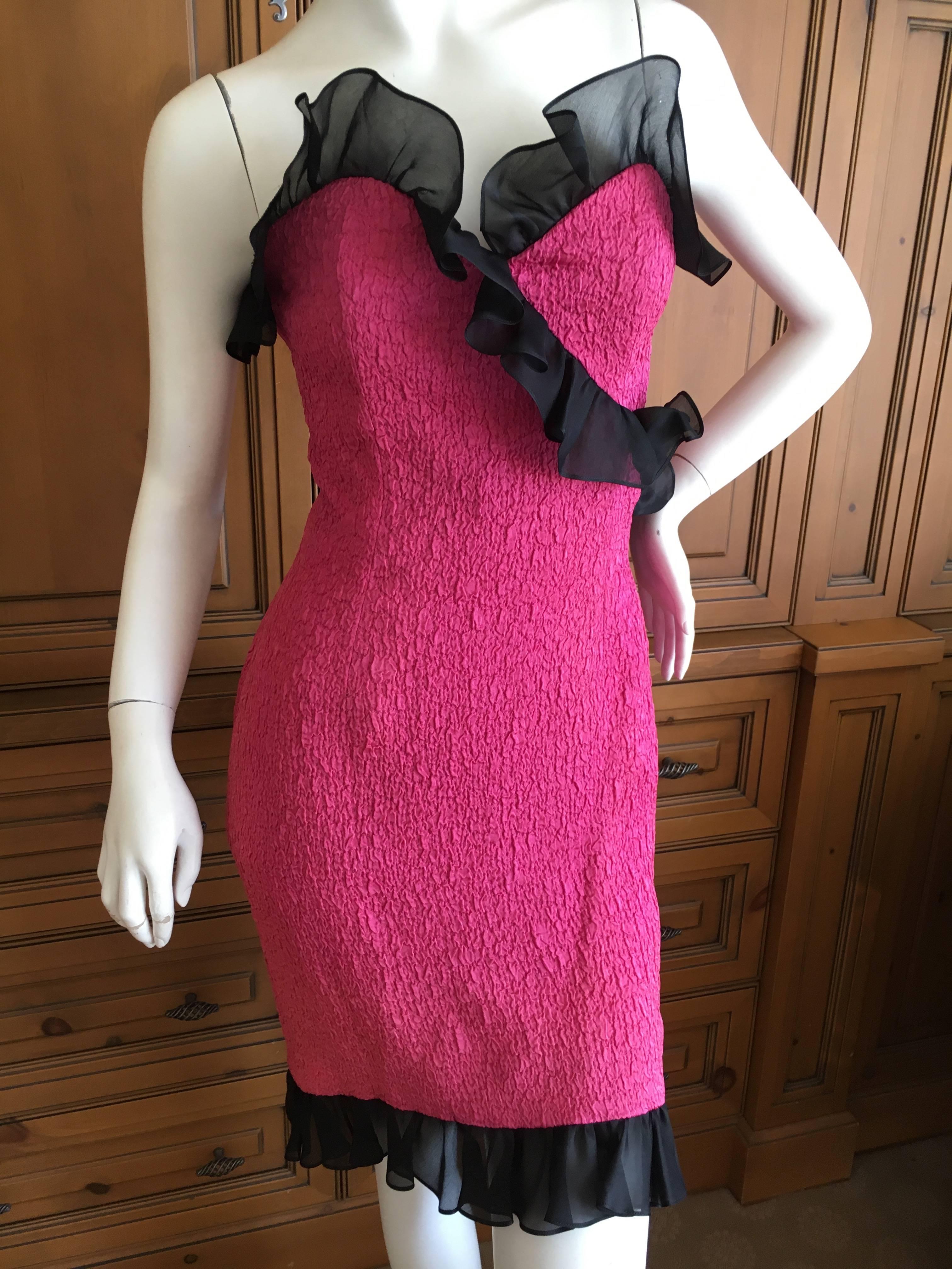 Black Yves Saint Laurent Rive Gauche Vintage 1970's Ruffle Pink Cocktail Dress  For Sale