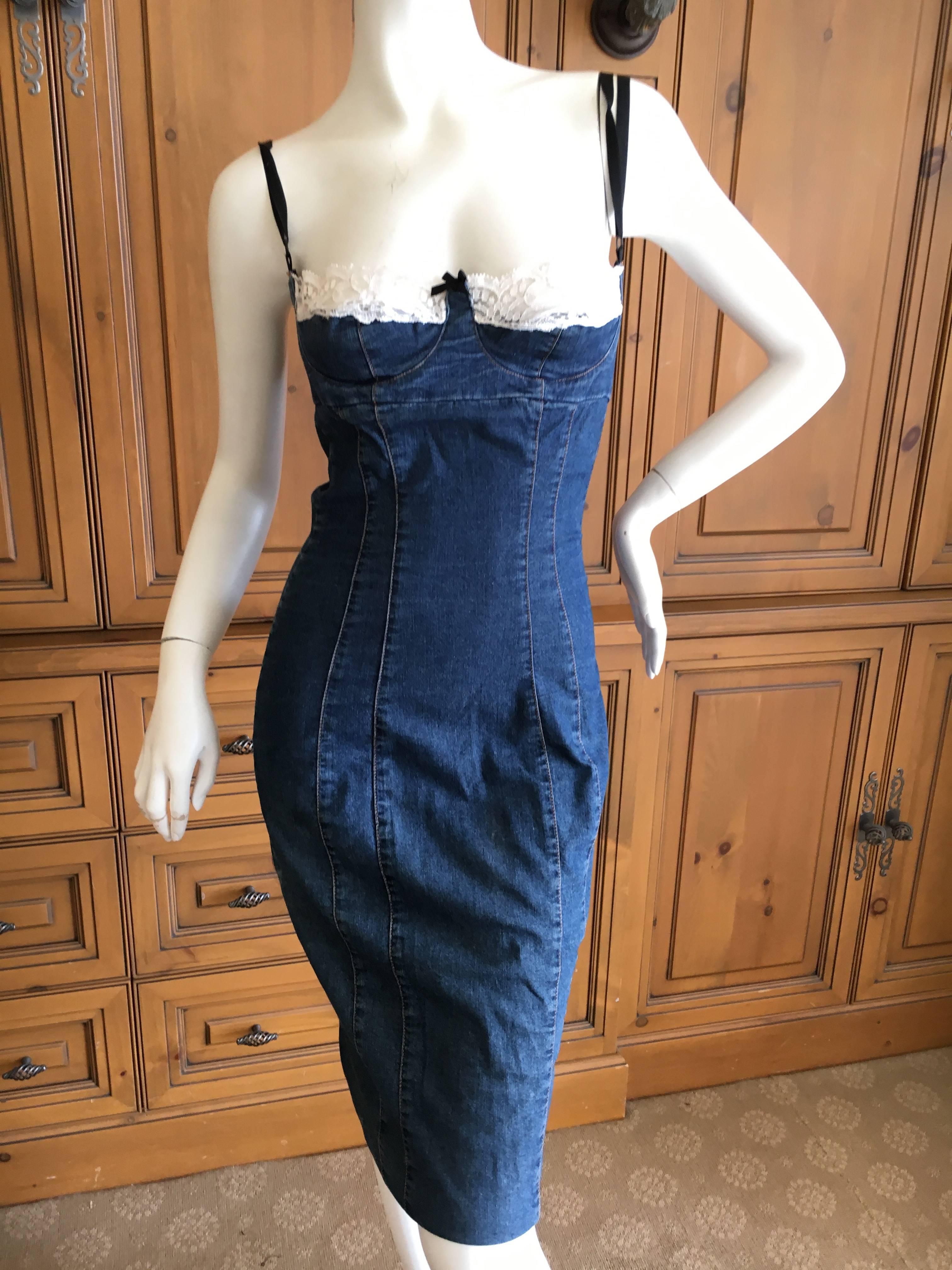 Purple D&G Dolce & Gabbana Denim Mini Dress with Eyelet Lace Trim Bust For Sale