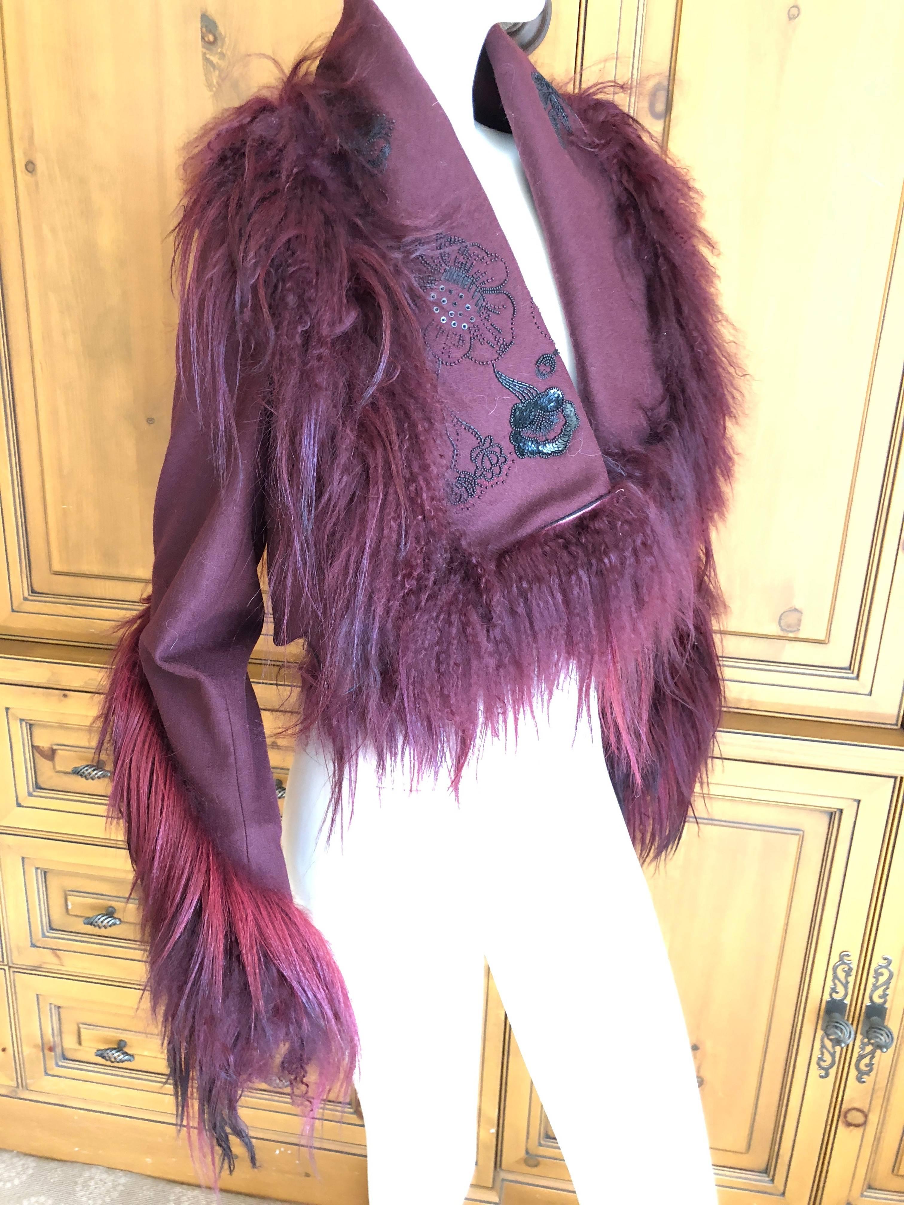 Christian Dior by John Galliano Dramatic Cropped Fur Trim Embellished Jacket .
Hard to photograph, this is stunning, with floral bead and sequin embellishment.
Long goat hair fringe has an ombre treatment.
Size 40
Bust 36"
Length