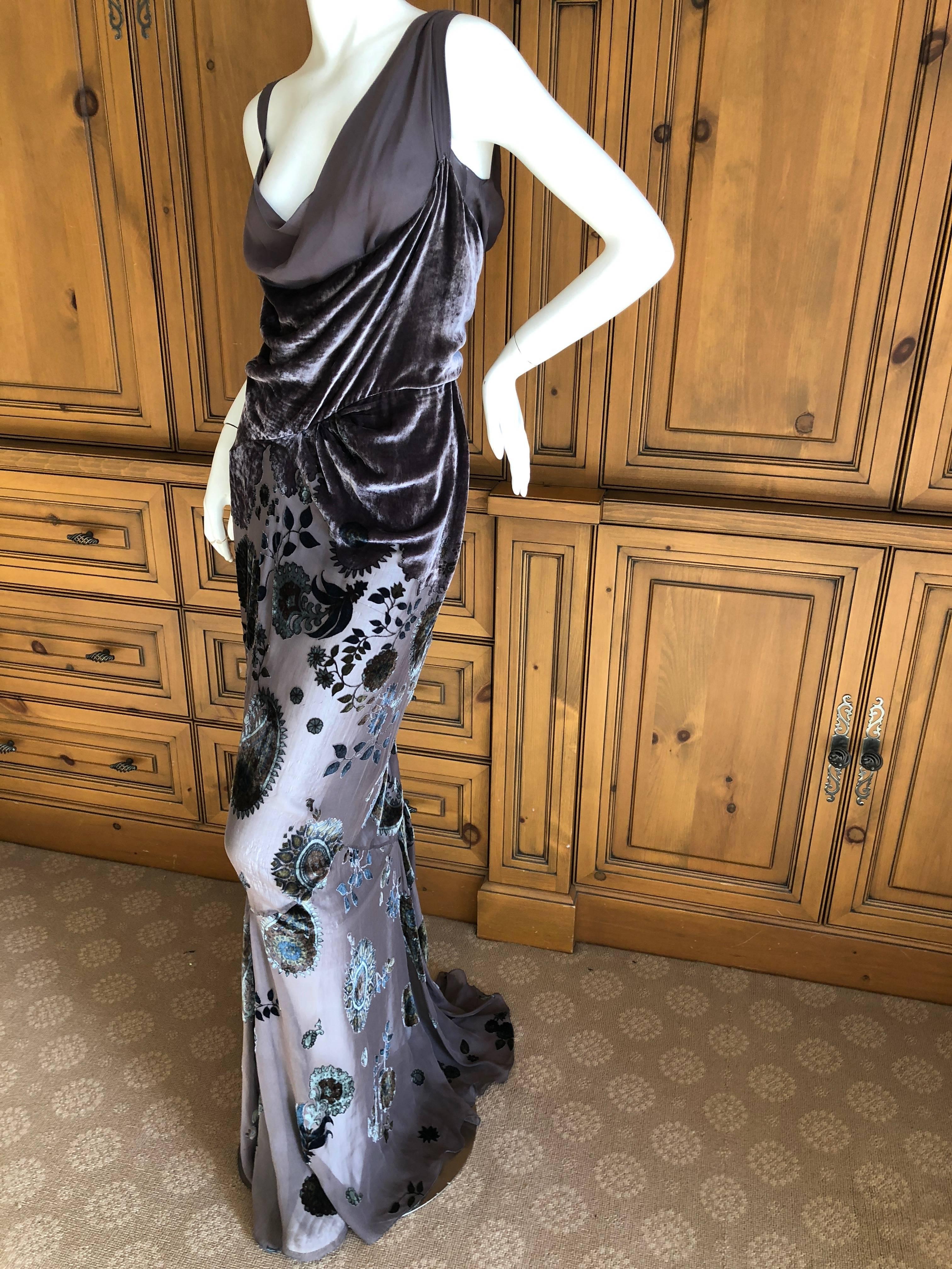 Exquisite gray devore velvet floral gown from John Galliano for Christian Dior.
There is a detached full silk slip, which I photographed separately . I also include photos of the dress worn without the slip, so the skirt is sheer.
Photos don't