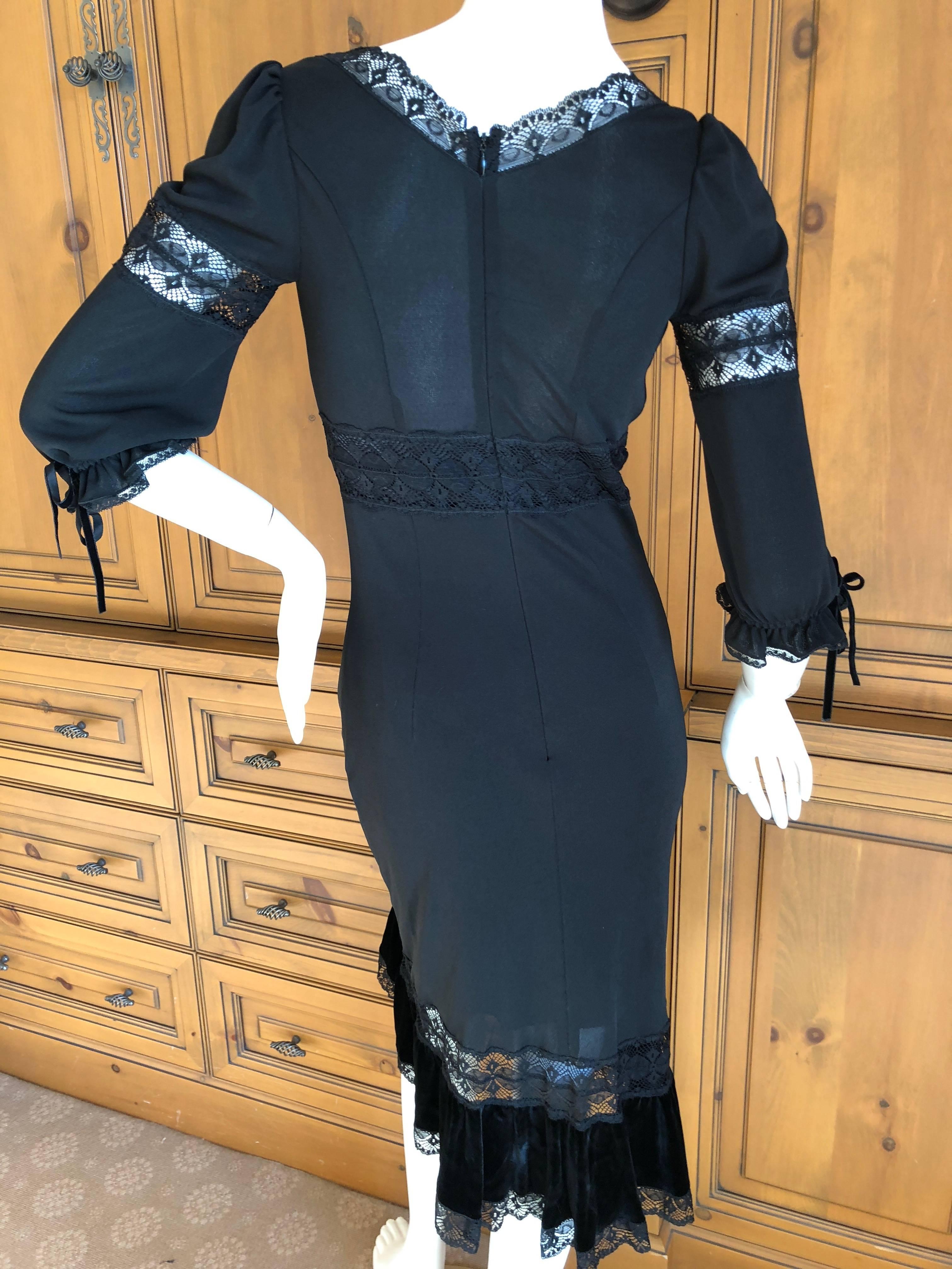 D&G Dolce & Gabbana Sheer Lace Panel Little Black Dress with Velvet Trim For Sale 2