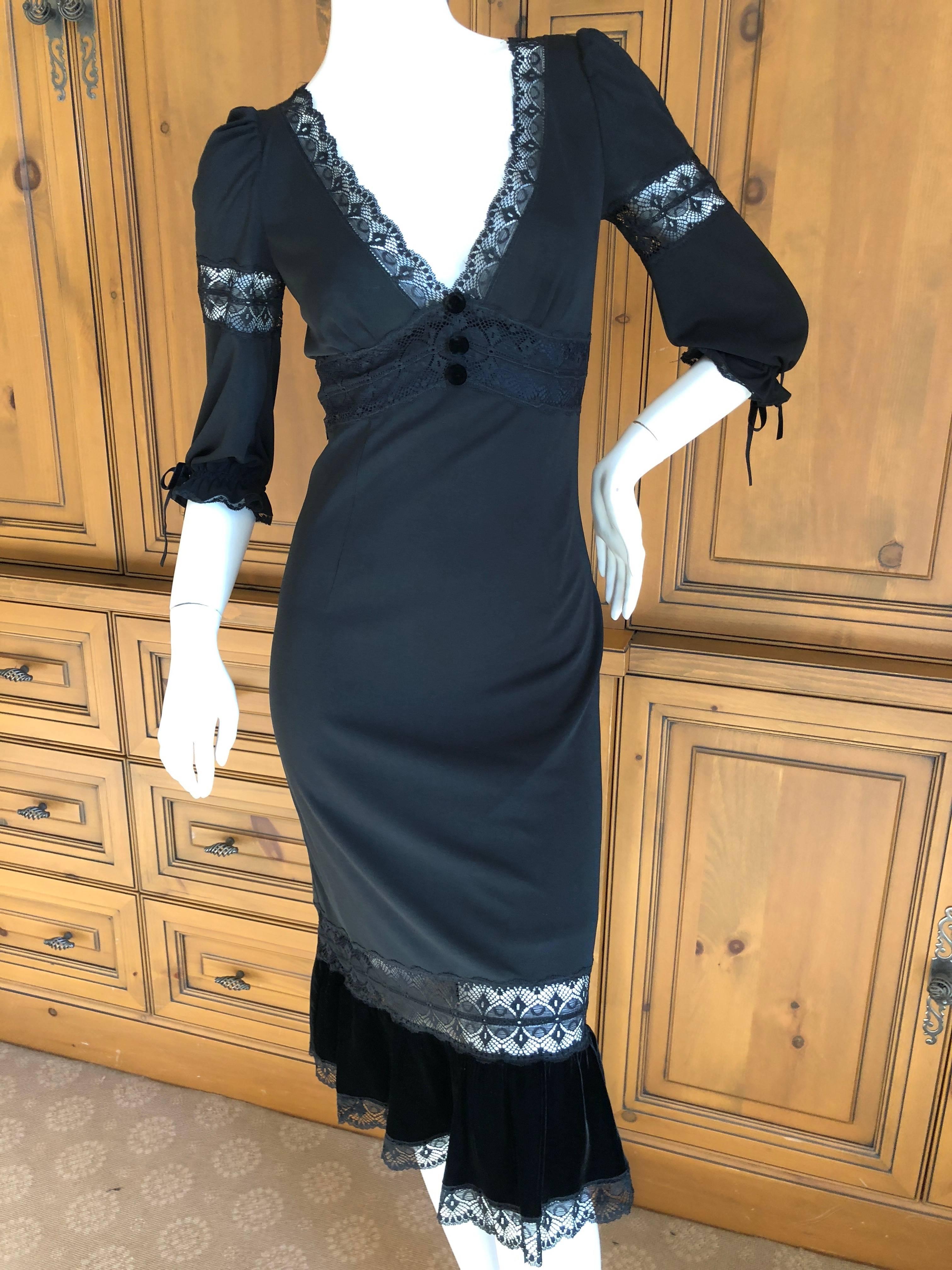 D&G Dolce & Gabbana Sheer Lace Panel Little Black Dress with Velvet Trim In Excellent Condition For Sale In Cloverdale, CA
