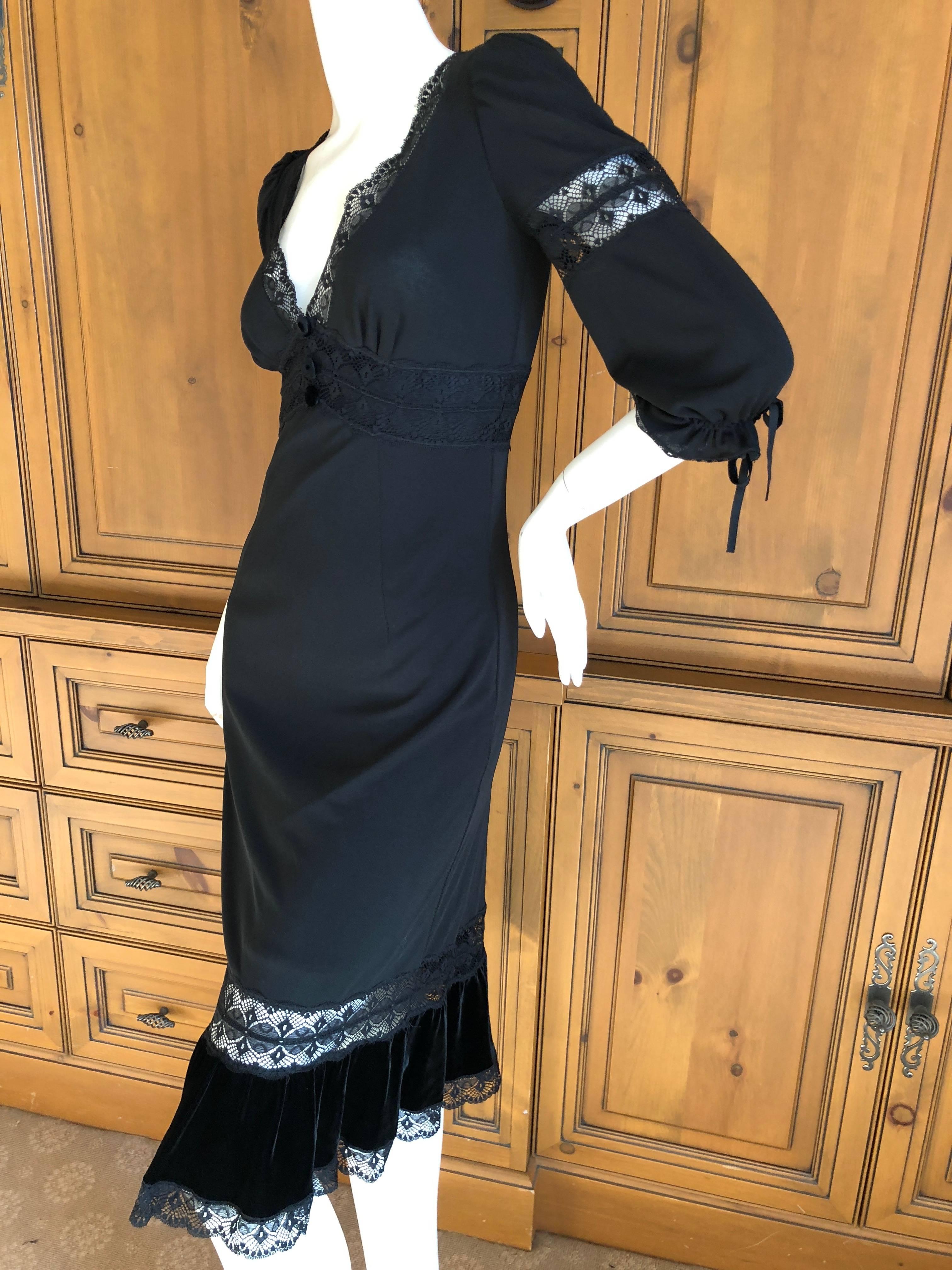D&G Dolce & Gabbana Sheer Lace Panel Little Black Dress with Velvet Trim For Sale 1