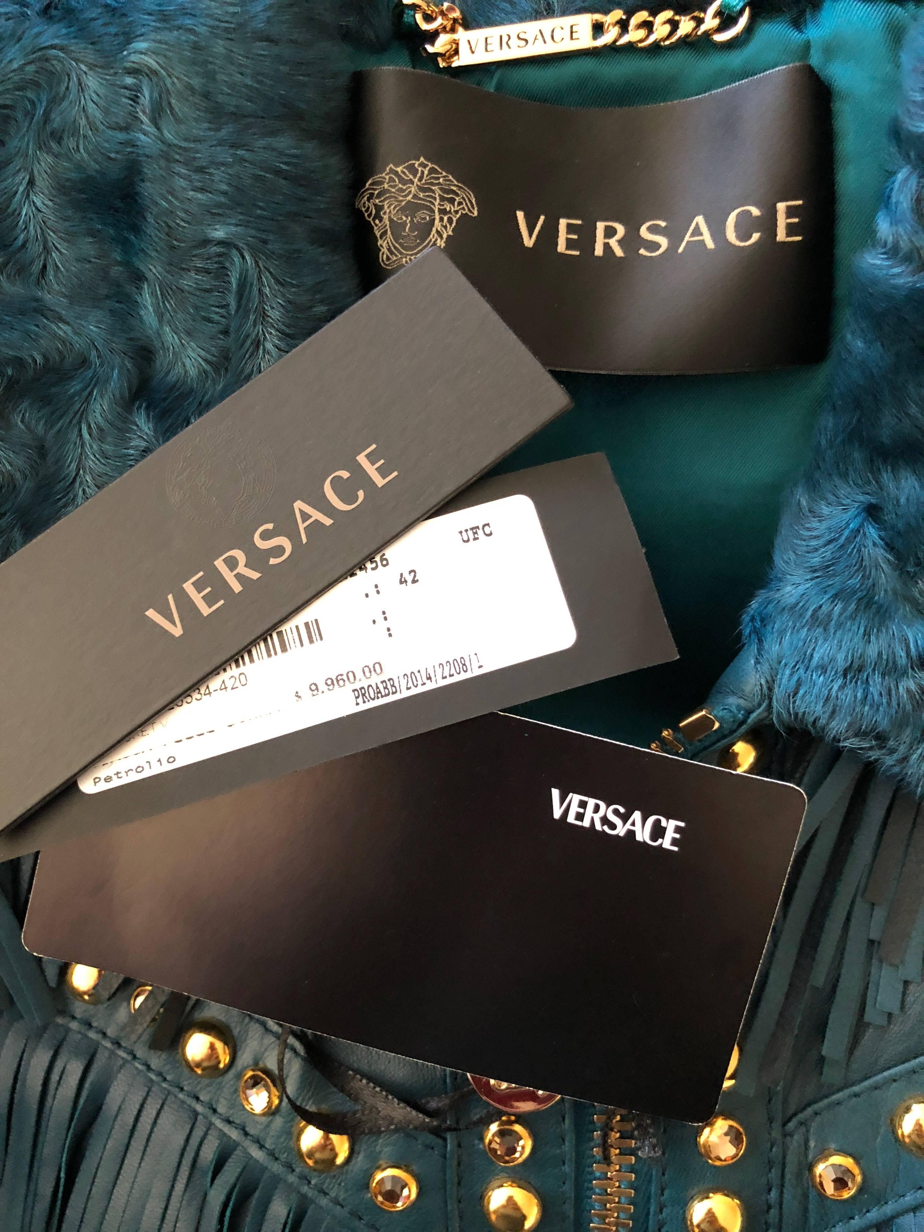 Versace Blue Fringe Stud and Jeweled Lambskin Leather Jacket NWT $9960 For Sale 4