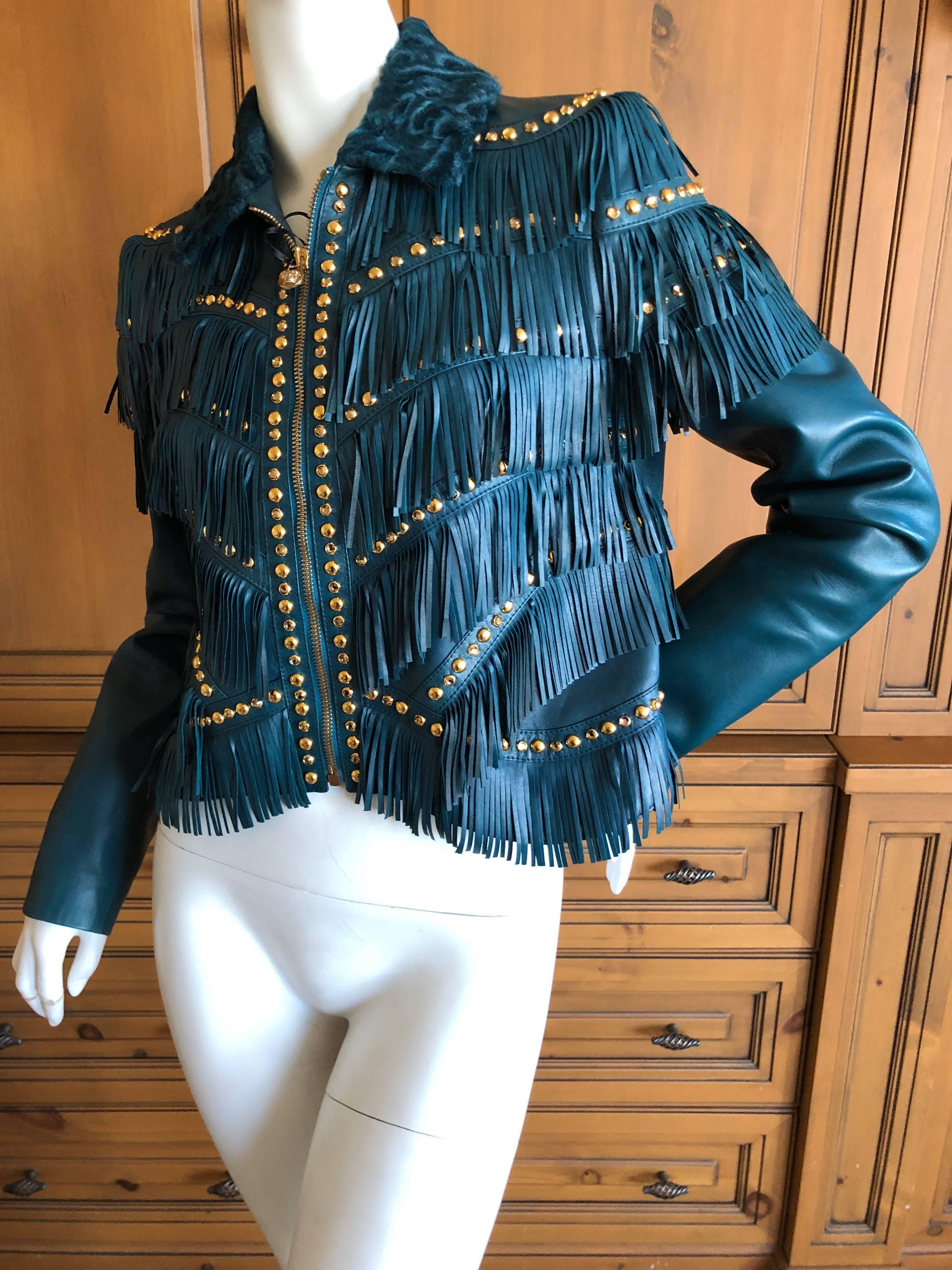 Women's Versace Blue Fringe Stud and Jeweled Lambskin Leather Jacket NWT $9960 For Sale