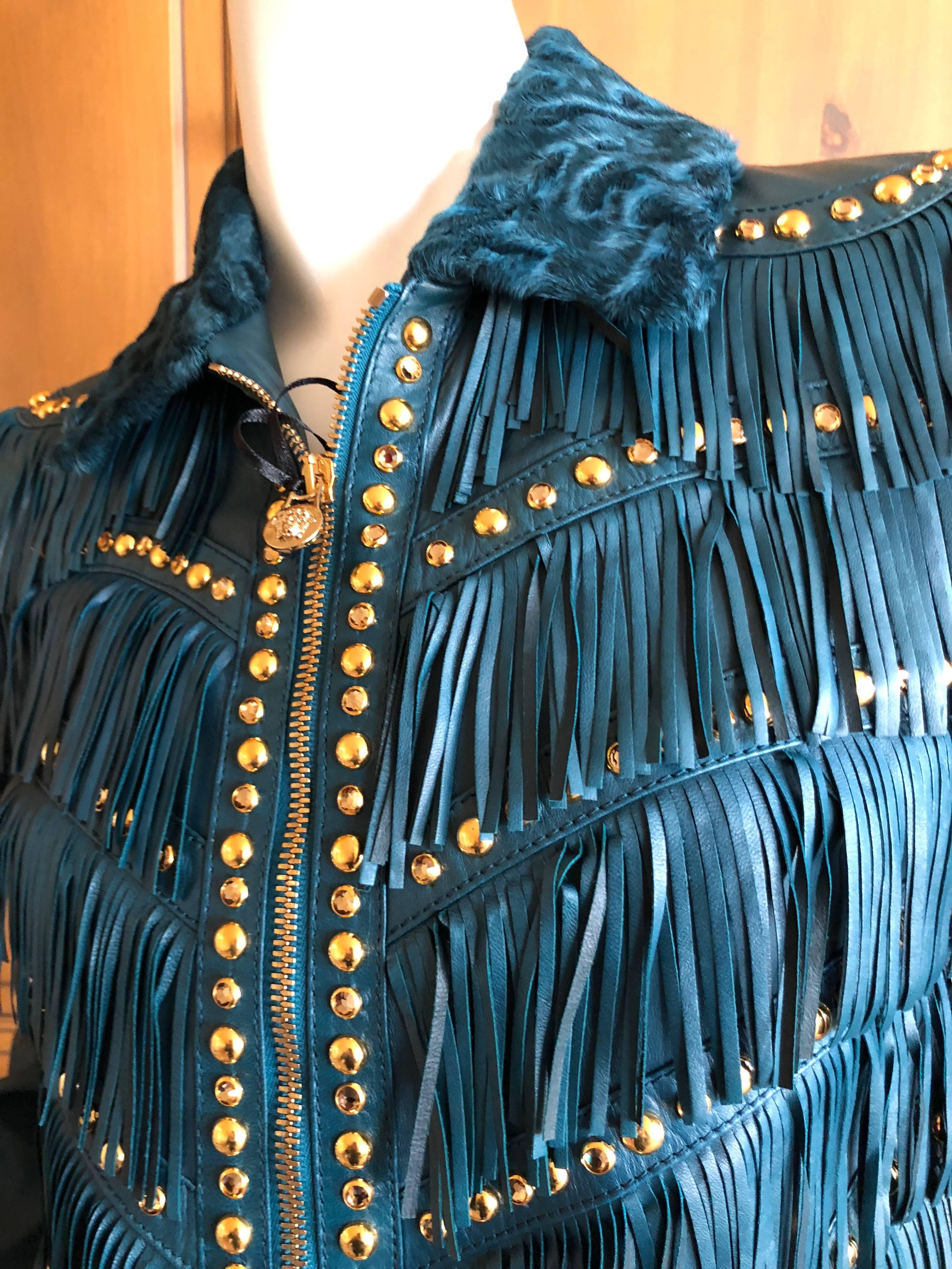 Versace Blue Fringe Stud and Jeweled Lambskin Leather Jacket NWT $9960 For Sale 2