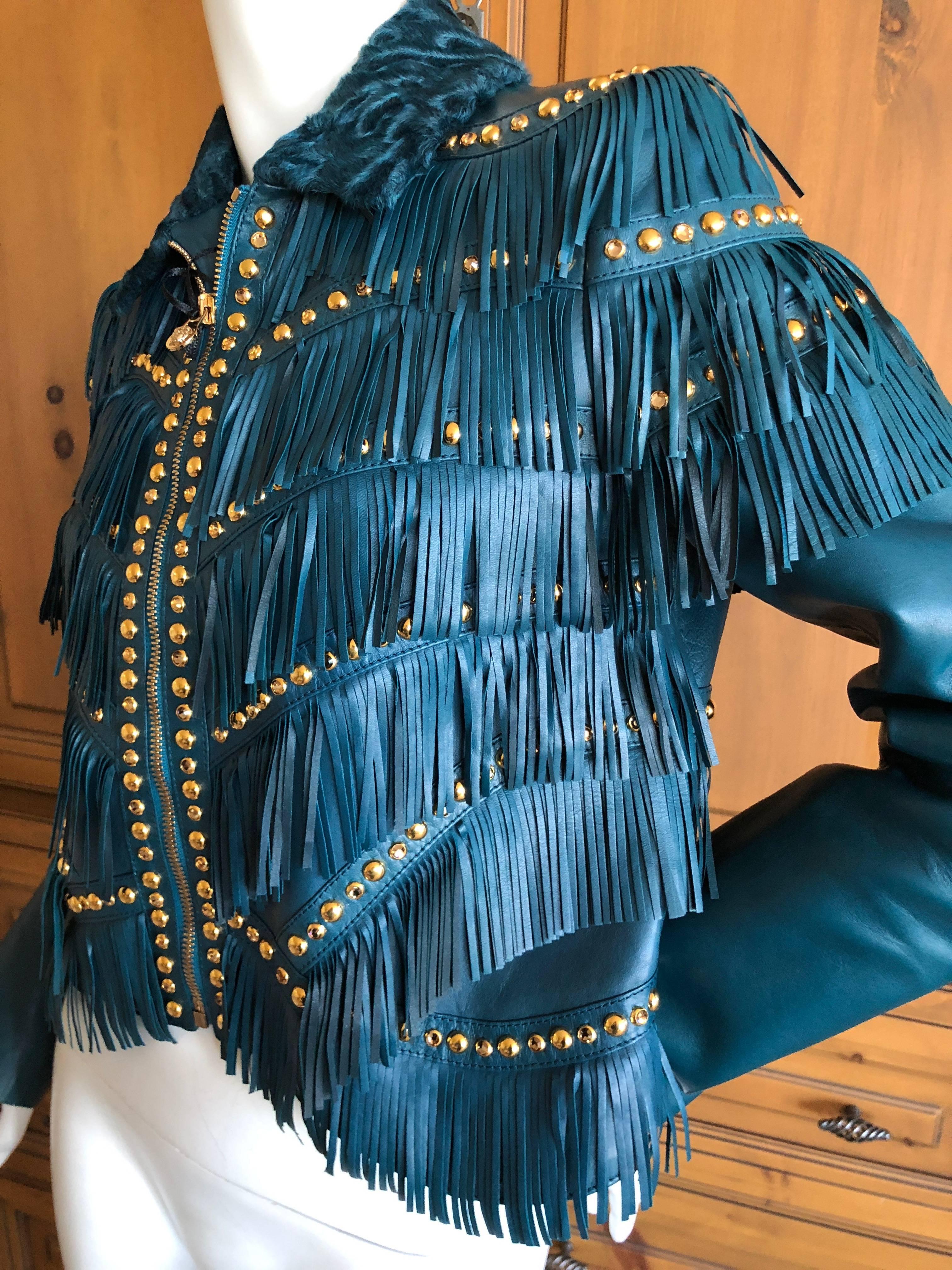 Versace Blue Fringe Stud and Jeweled Lambskin Leather Jacket NWT $9960 For Sale 1