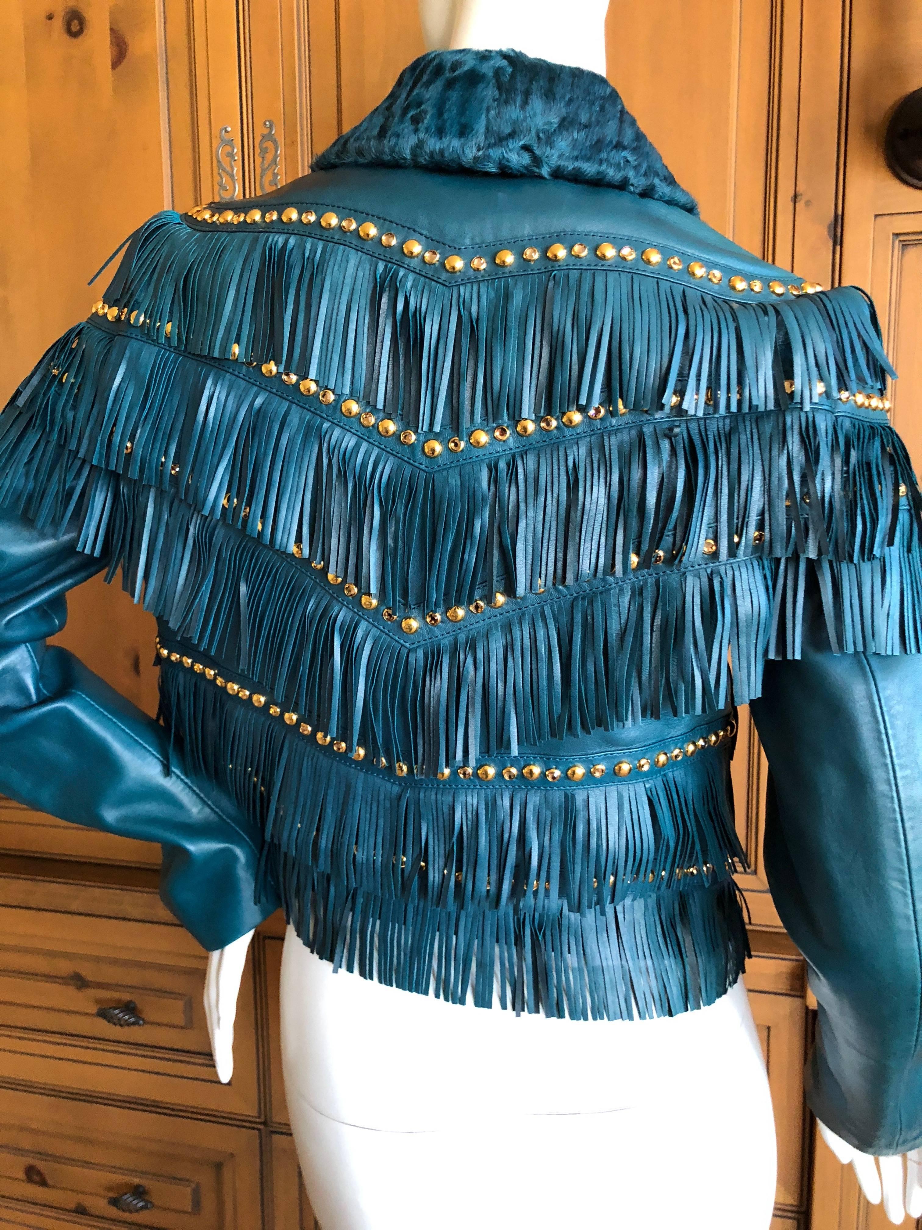 Versace Blue Fringe Stud and Jeweled Lambskin Leather Jacket.
SO beautiful, perfect gift for  the Versace lover.
 NWT $9960
Size 42 
Bust 36" 
Waist 35"
Length 20"
 Excellent new with tags condition
