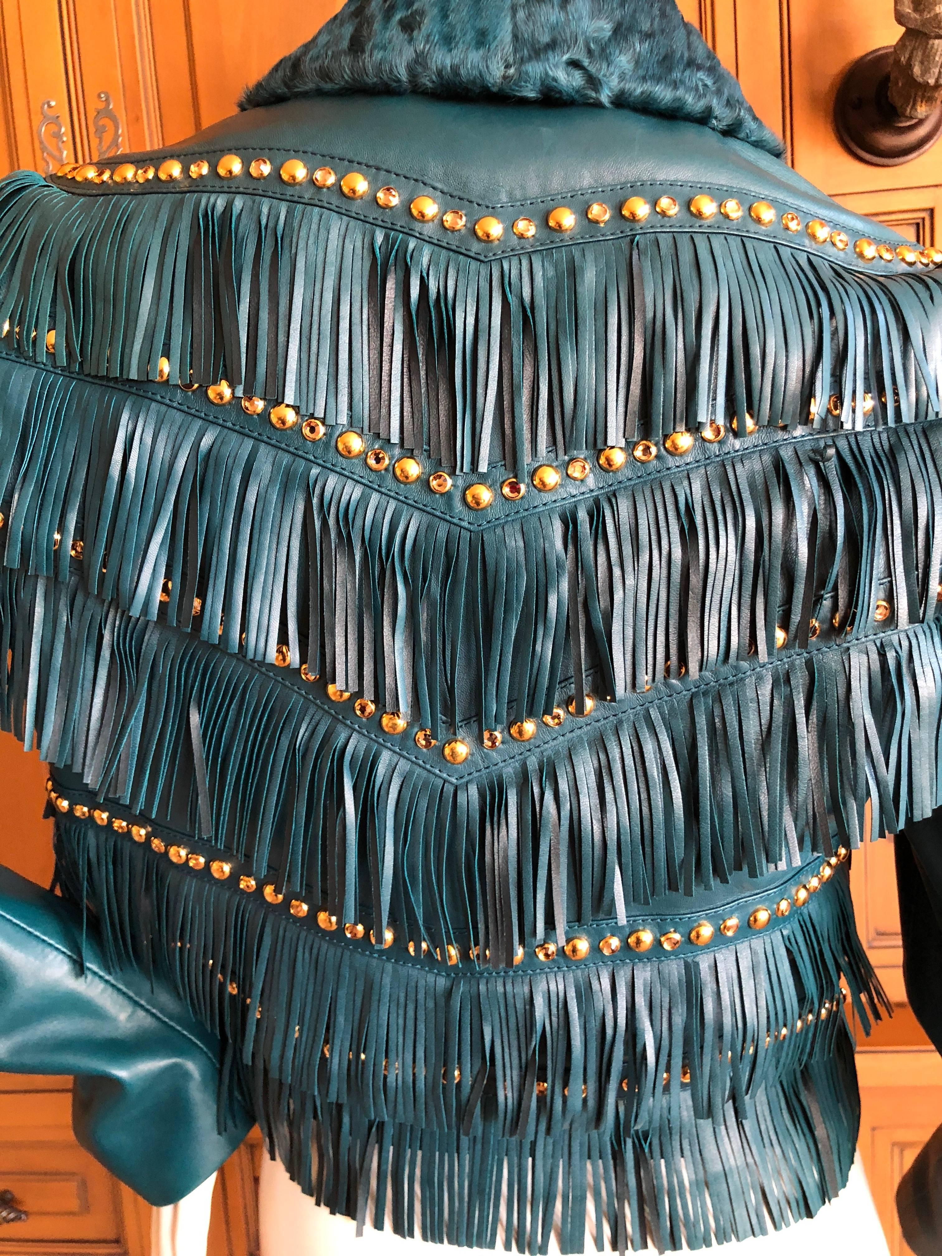 Versace Blue Fringe Stud and Jeweled Lambskin Leather Jacket NWT $9960 For Sale 3