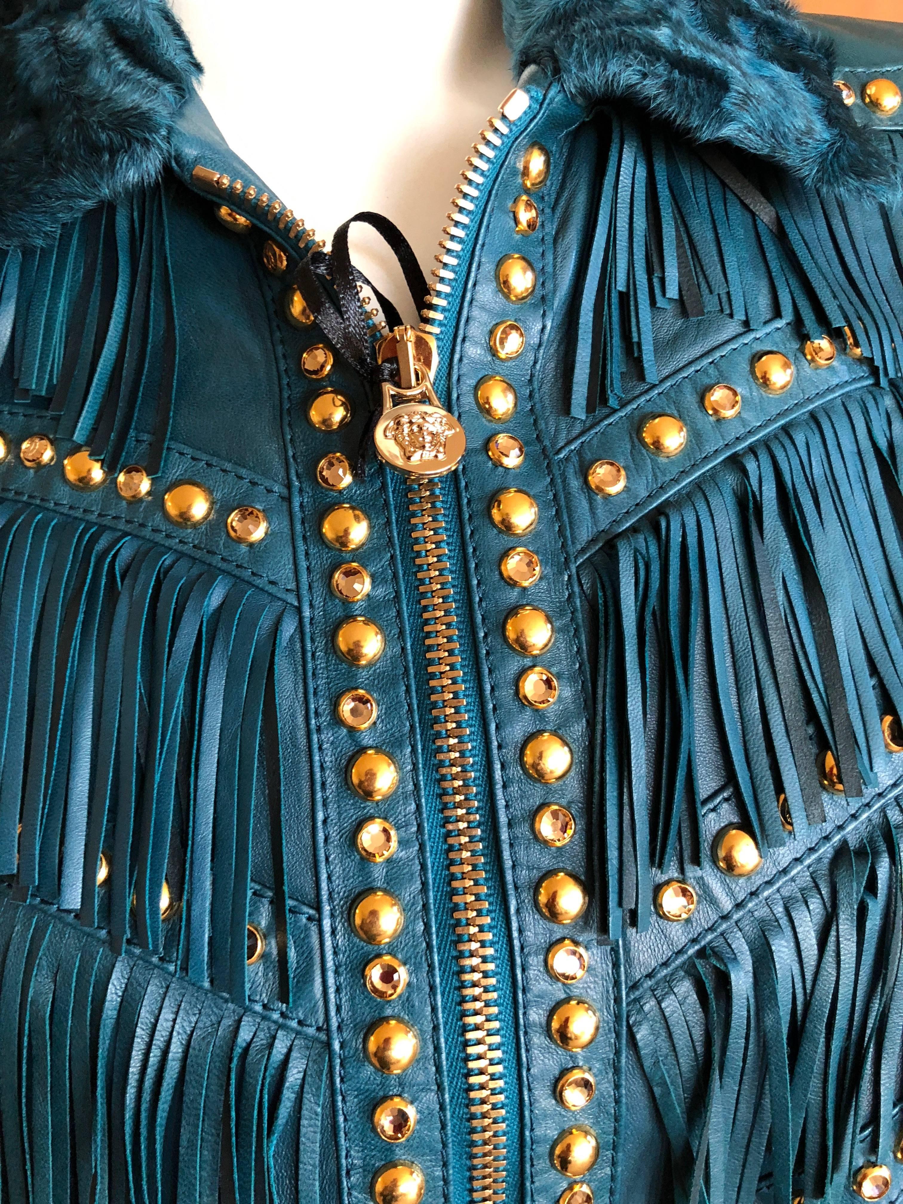 Versace Blue Fringe Stud and Jeweled Lambskin Leather Jacket NWT $9960 In New Condition For Sale In Cloverdale, CA