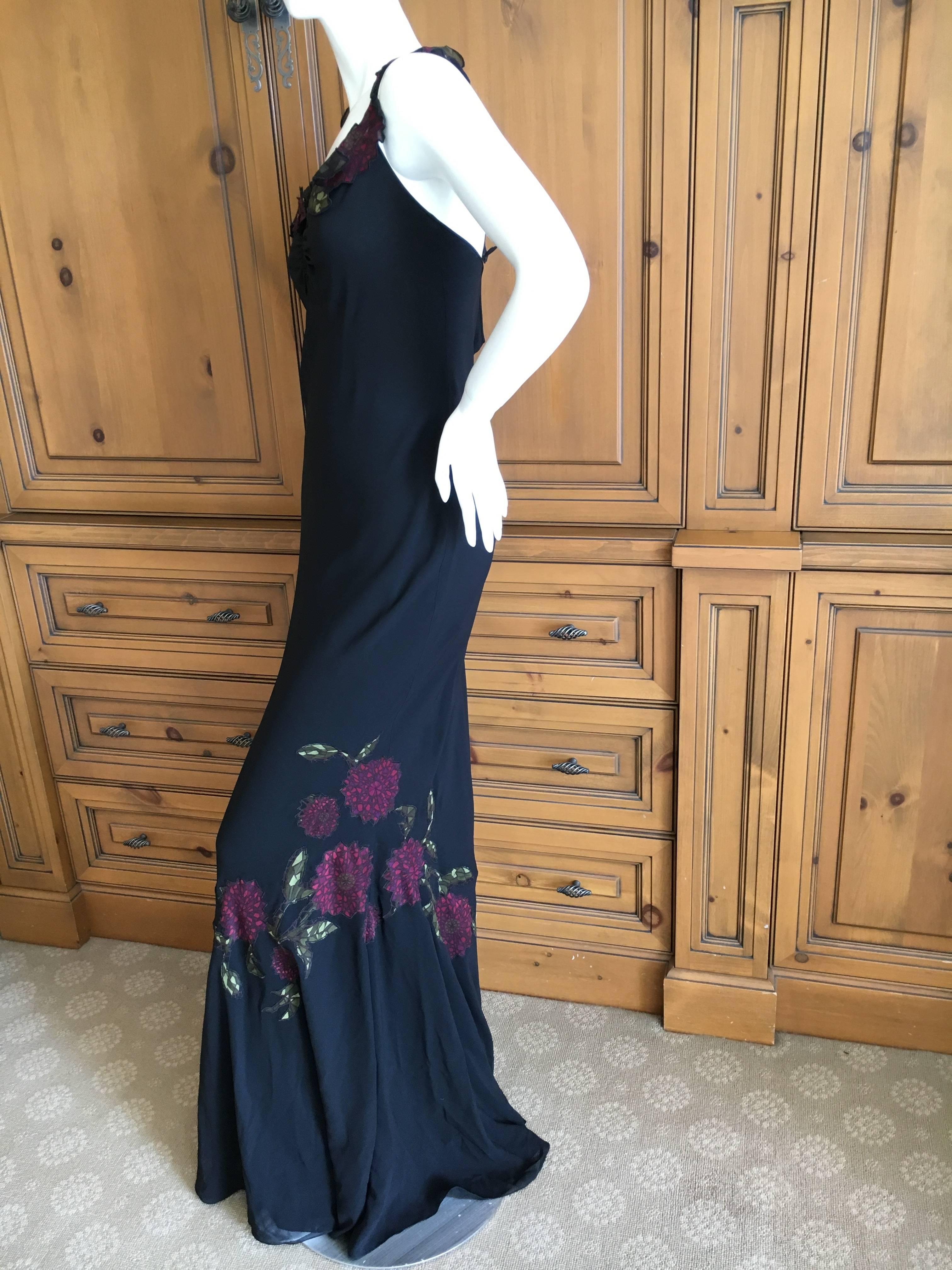 John Galliano 90s Long Black Bias Cut Floral Appliqué Evening Dress with`Shawl For Sale 2