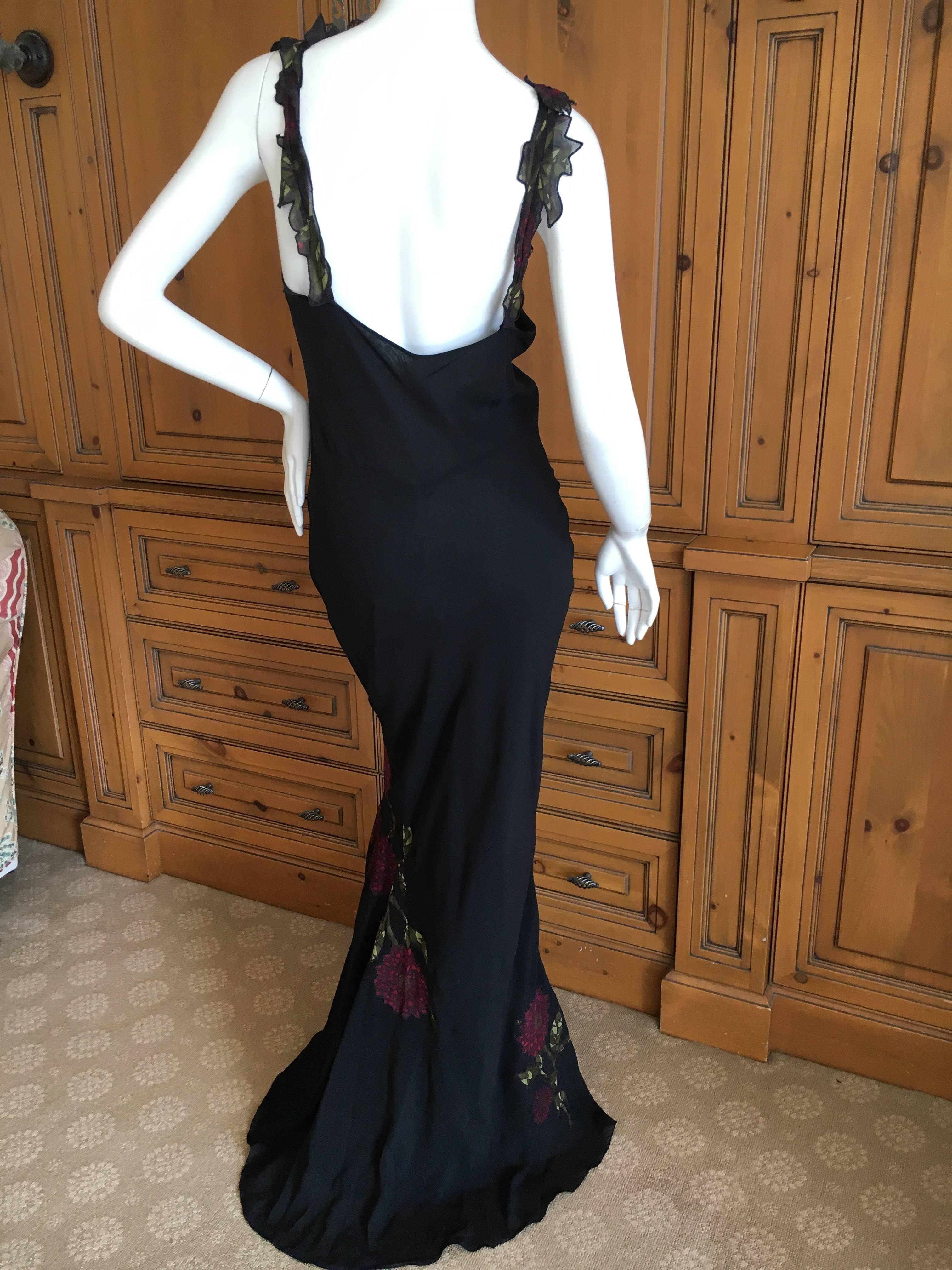 John Galliano 90s Long Black Bias Cut Floral Appliqué Evening Dress with`Shawl For Sale 4
