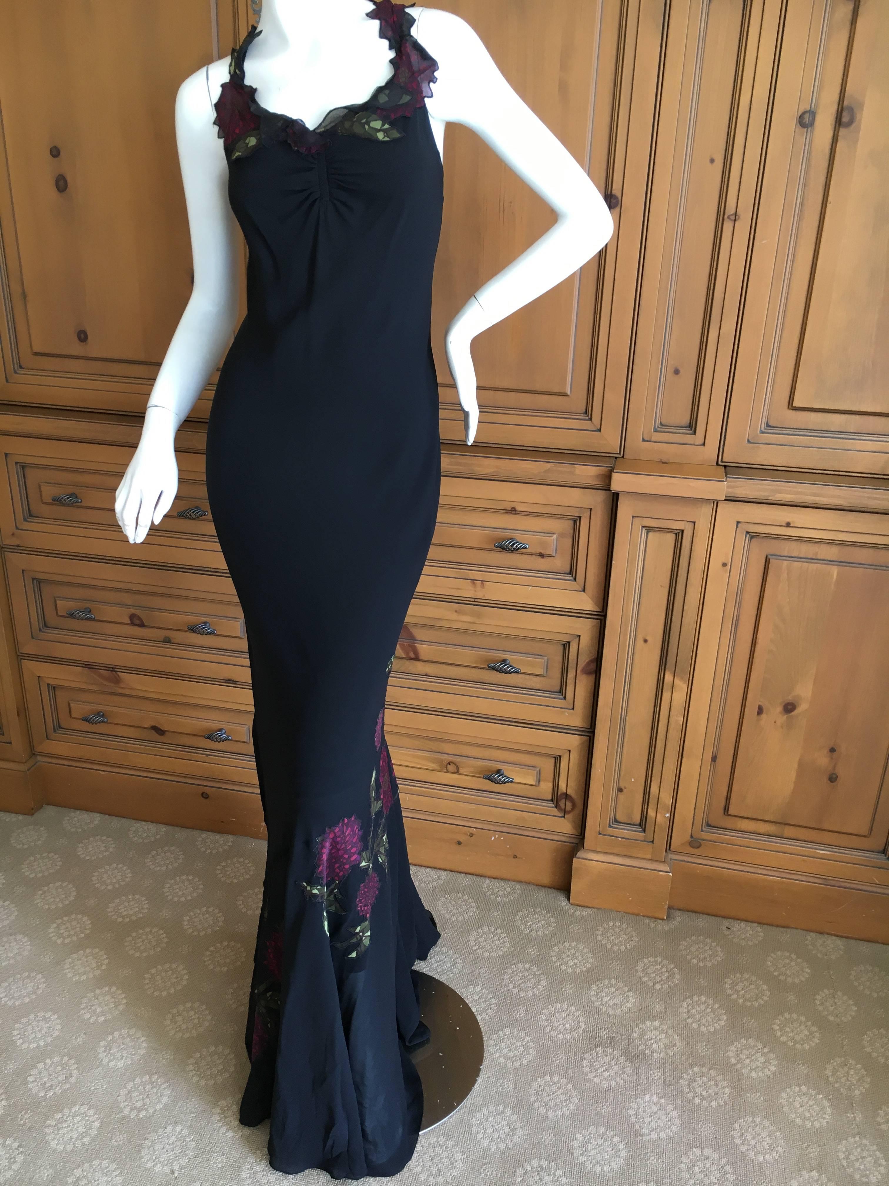 John Galliano 90s Long Black Bias Cut Floral Appliqué Evening Dress with`Shawl In Excellent Condition For Sale In Cloverdale, CA