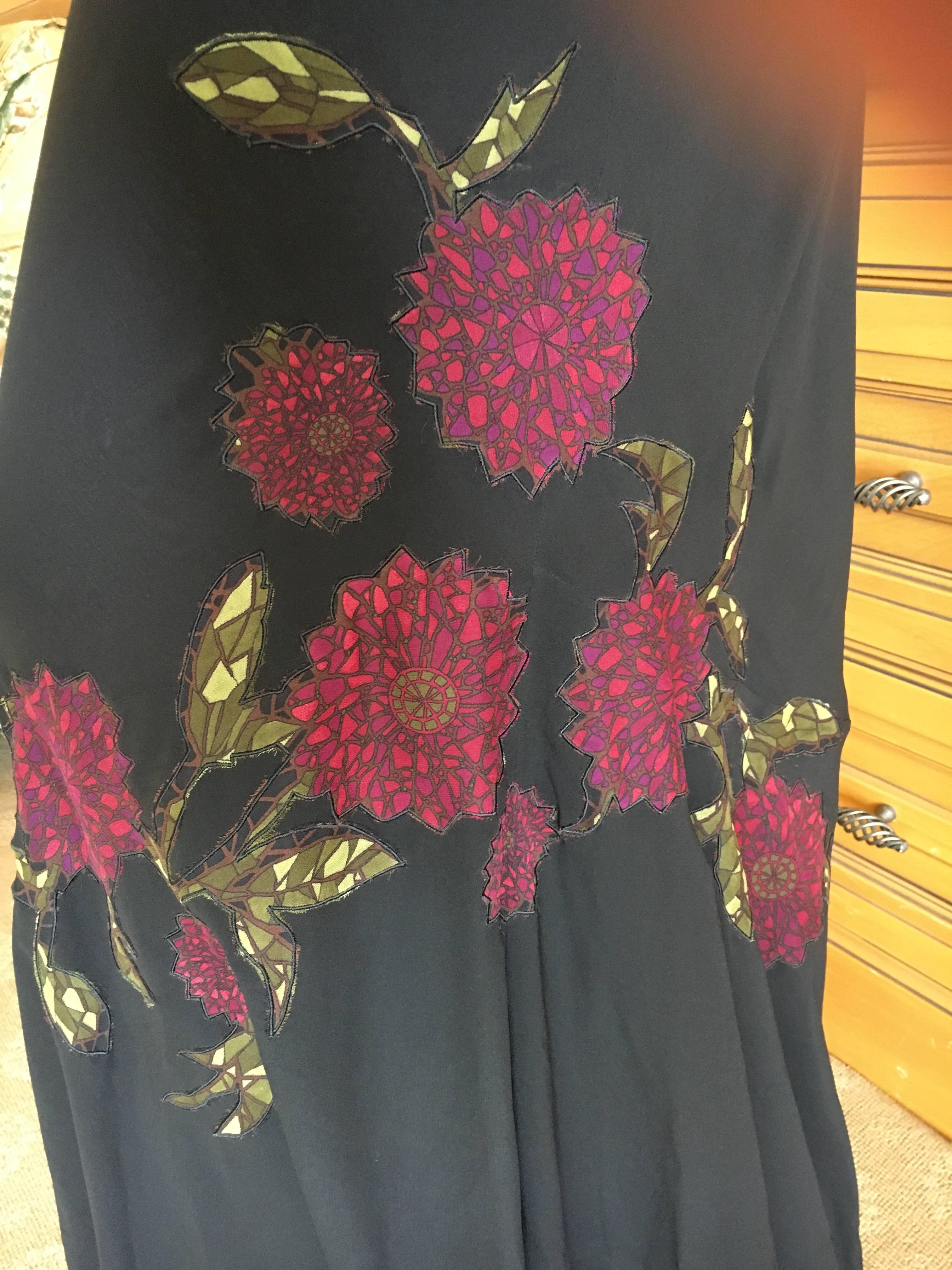 John Galliano 90s Long Black Bias Cut Floral Appliqué Evening Dress with`Shawl For Sale 3