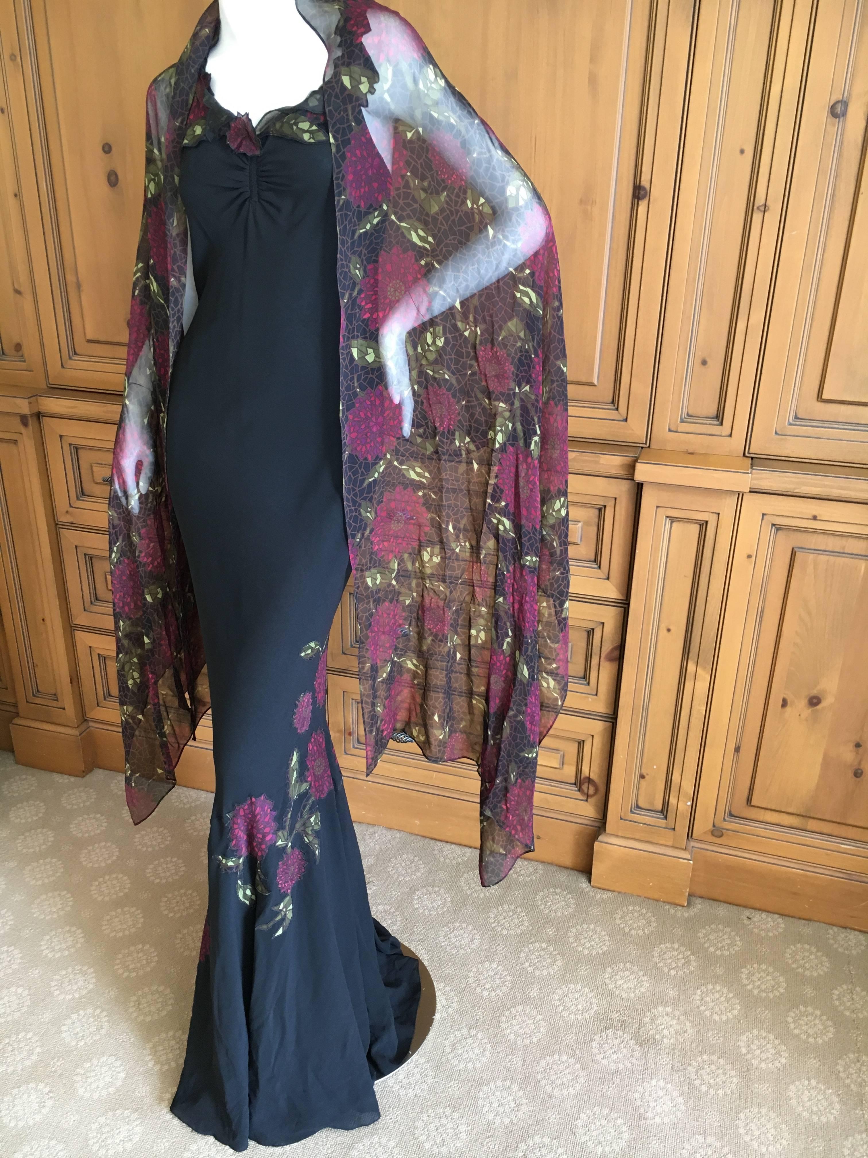 John Galliano 90s Long Black Bias Cut Floral Appliqué Evening Dress with`Shawl For Sale 5