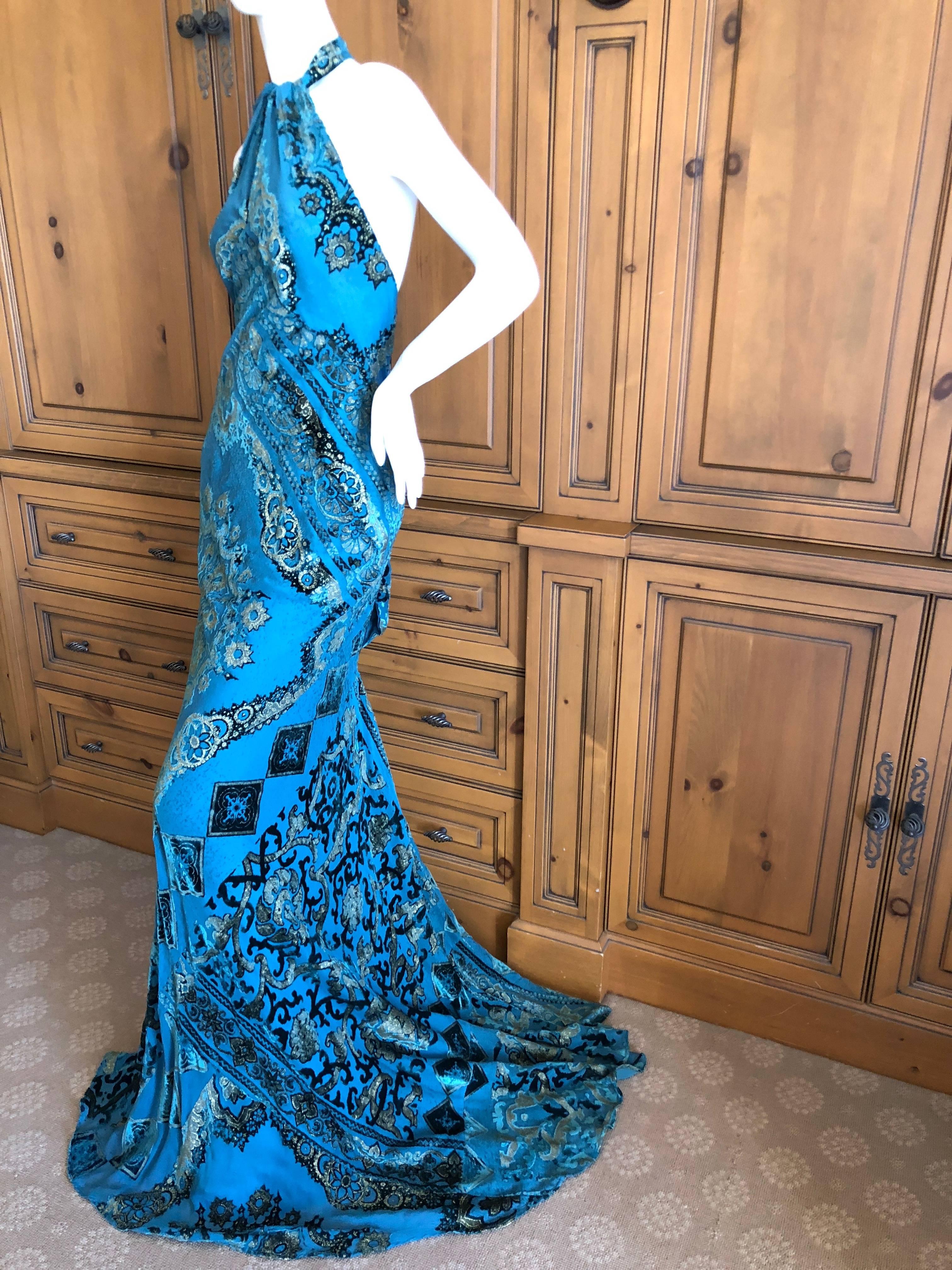 Blue Roberto Cavalli Gold Trim Devore Velvet Evening Dress with Full Train