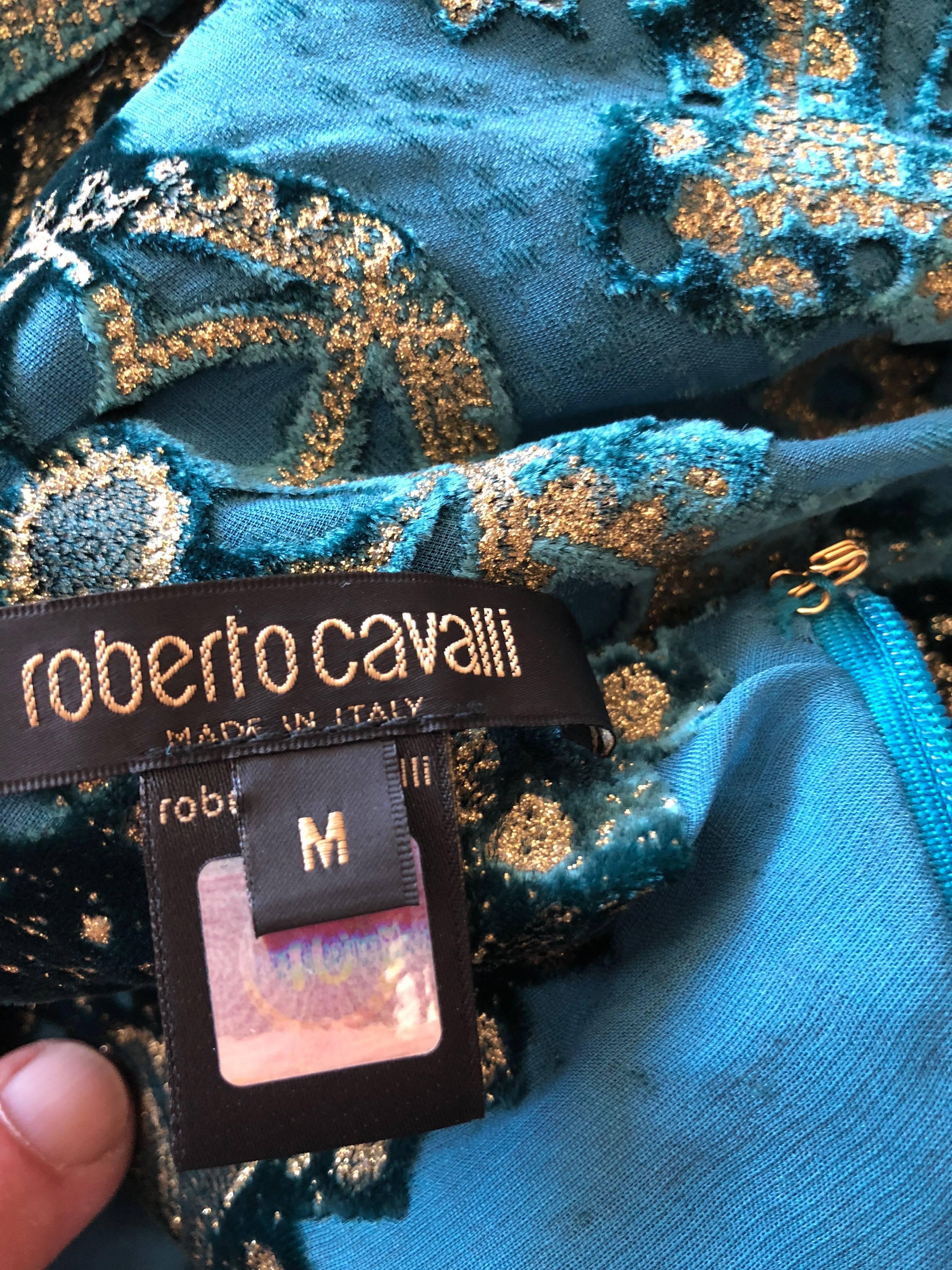 Roberto Cavalli Gold Trim Devore Velvet Evening Dress with Full Train 1