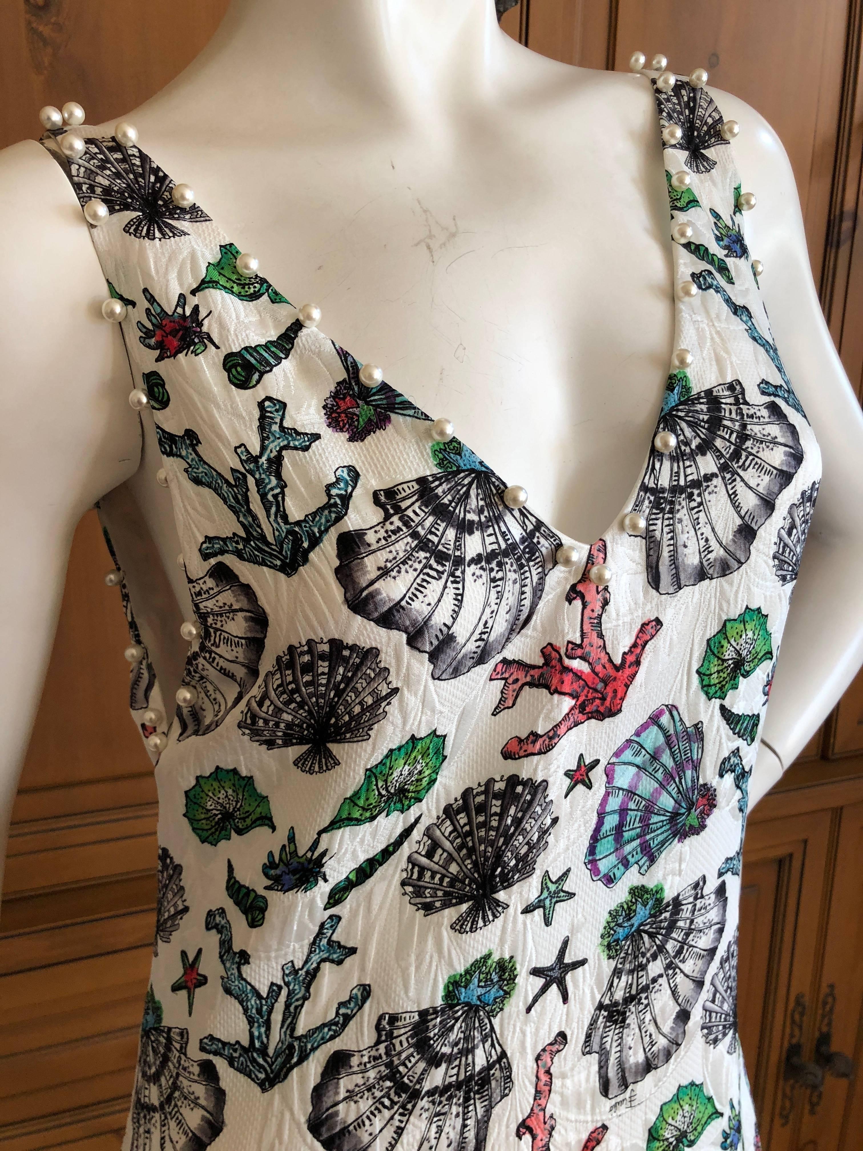 Emilio Pucci Pearl Trim Silk Seashell Print Day Dress In New Condition In Cloverdale, CA