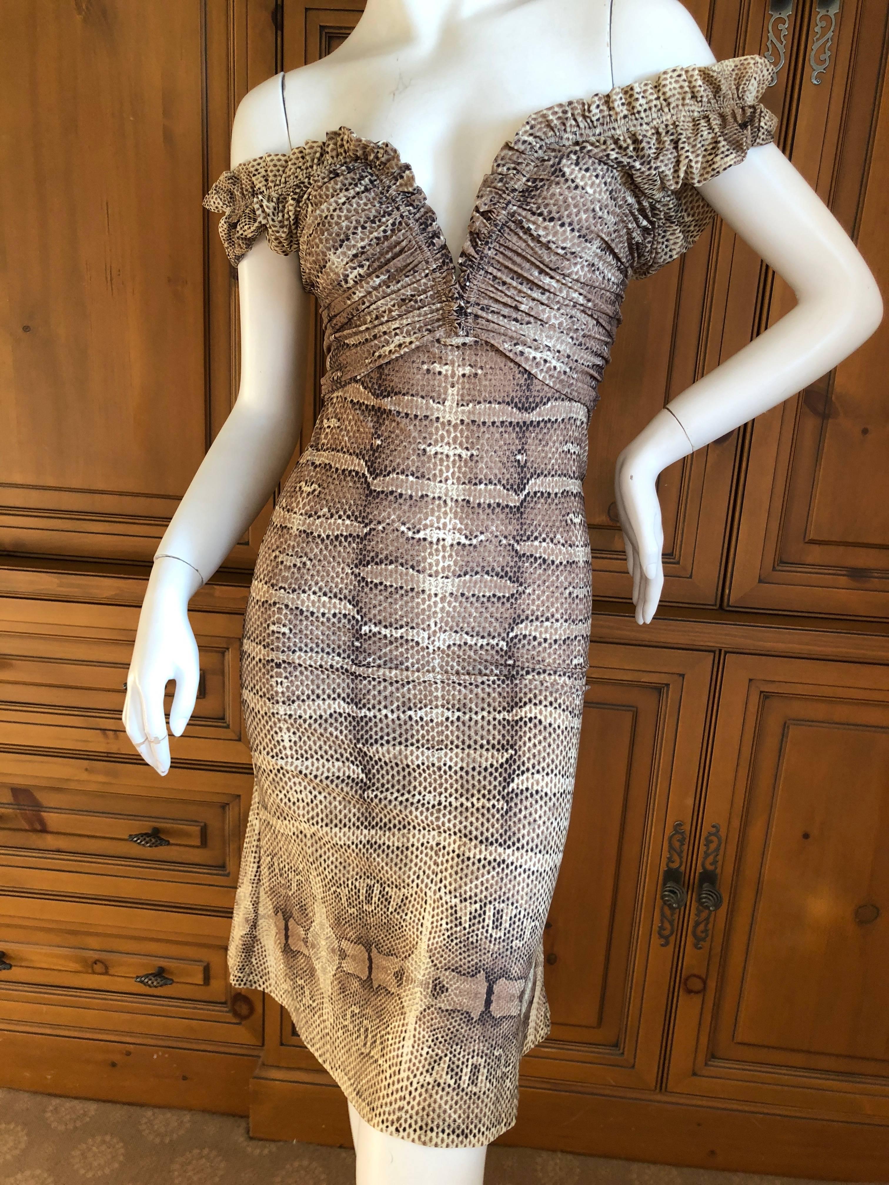 Roberto Cavalli Vintage Snakeskin Pattern Off the Shoulder Cocktail Dress In Excellent Condition For Sale In Cloverdale, CA