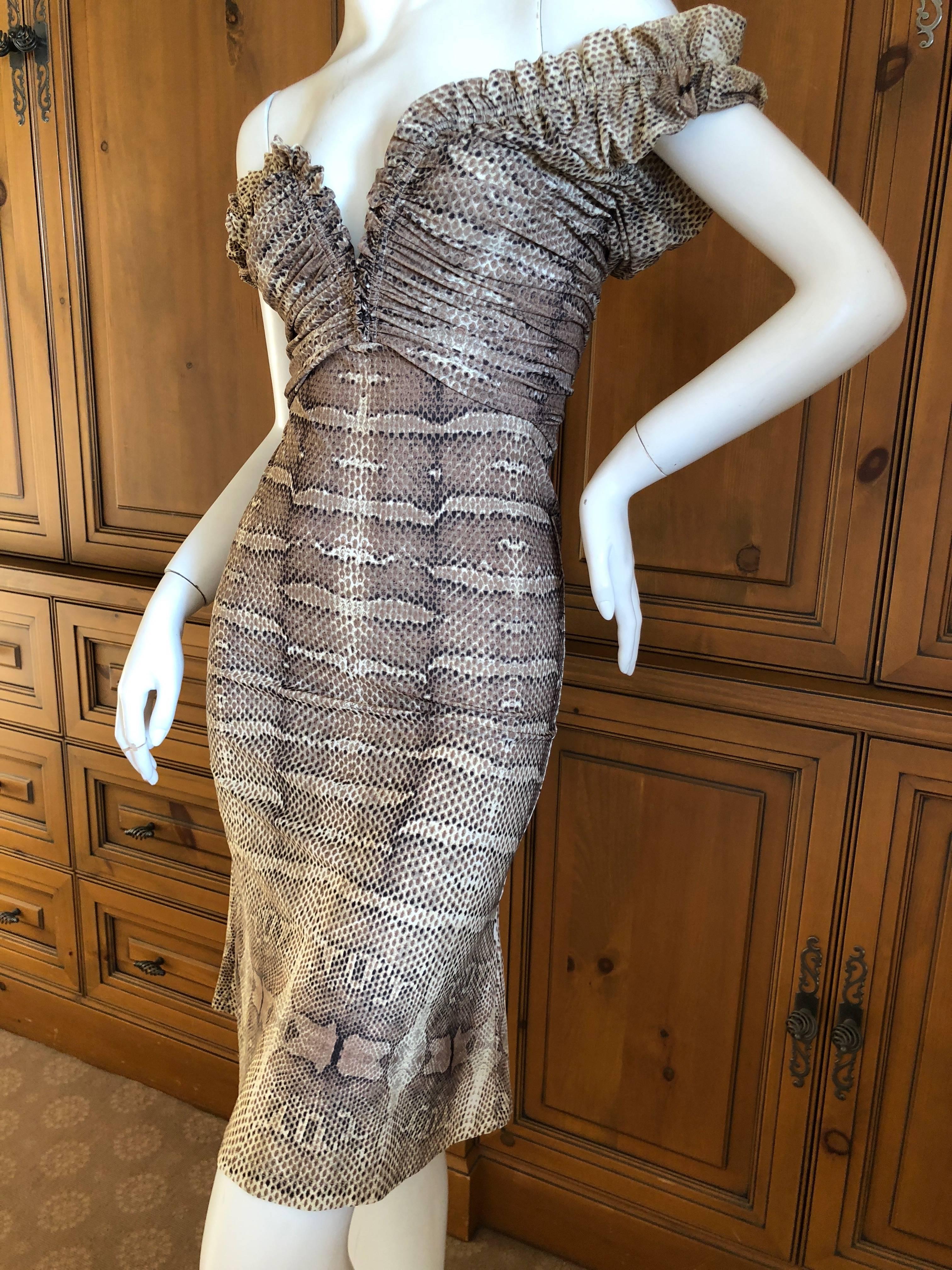 Roberto Cavalli Vintage Snakeskin Pattern Off the Shoulder Cocktail Dress 

The size and fabric tags have been removed, it is a small size.

Bust 35