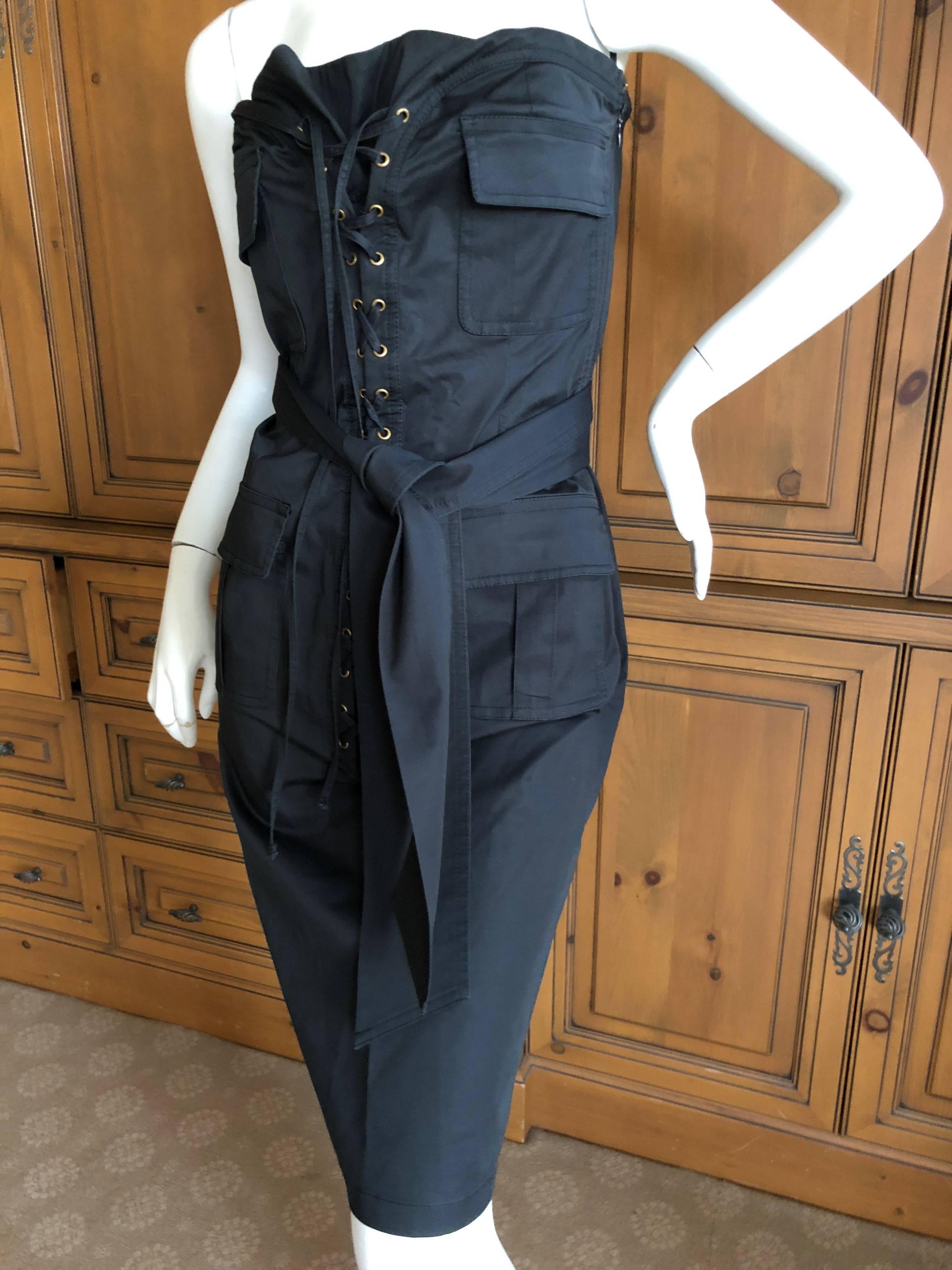 Yves Saint Laurent by Tom Ford Strapless Black Safari Dress with Corset Lacing  For Sale 4