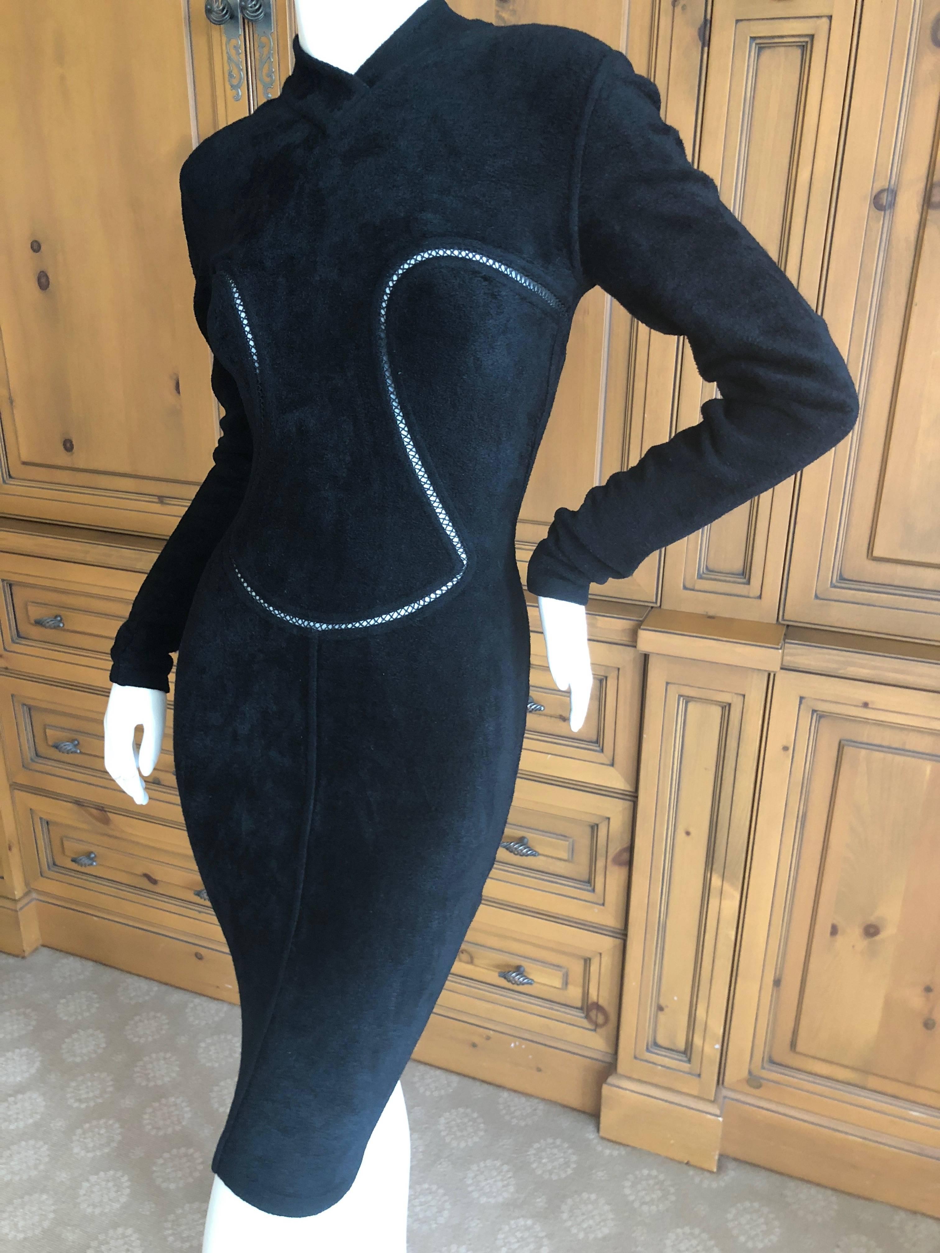 Azzedine Alaia Vintage A' 1991Plush Velour Little Black Dress with Sheer Inserts For Sale 1