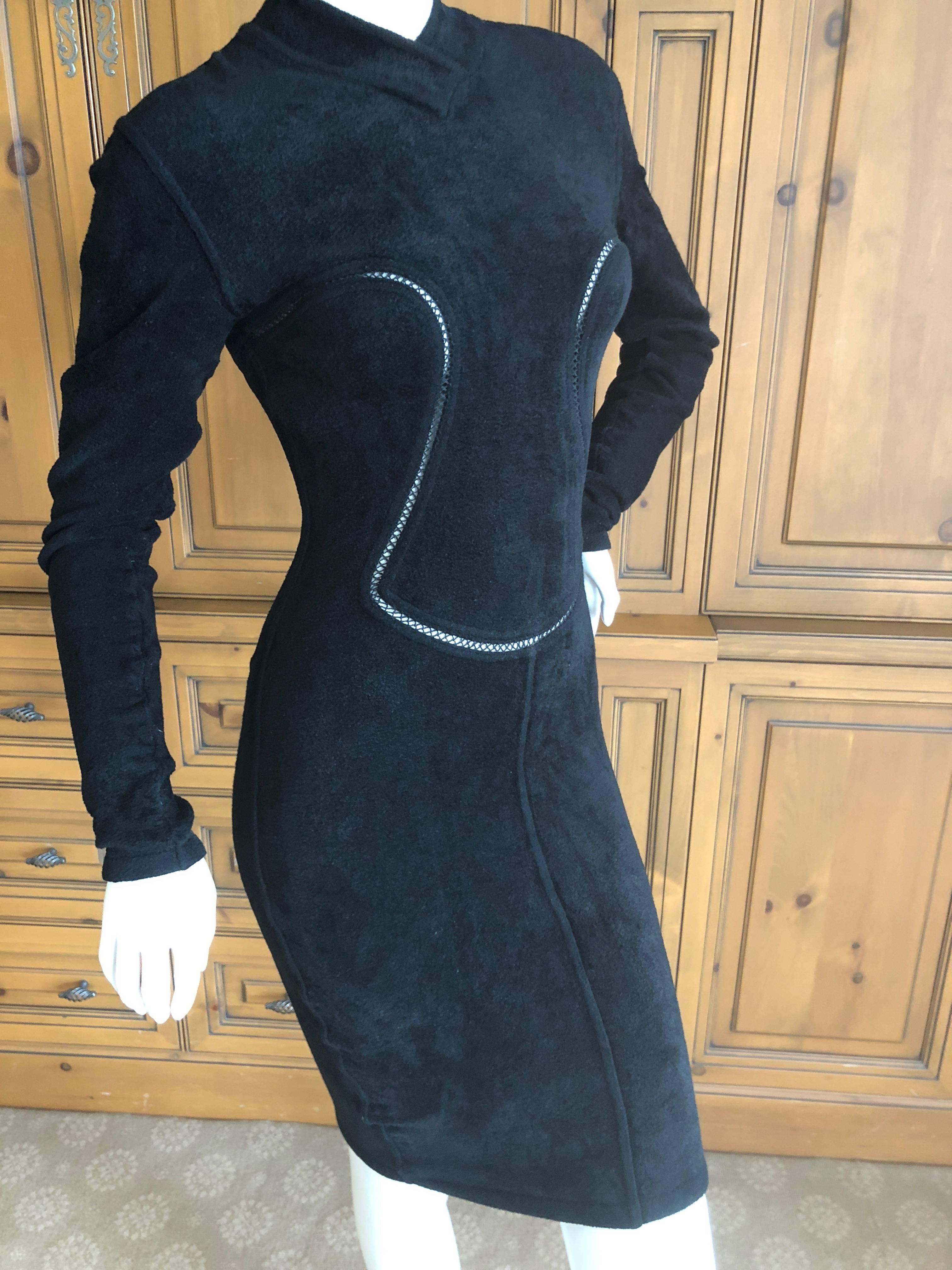 Azzedine Alaia Vintage A' 1991Plush Velour Little Black Dress with Sheer Inserts For Sale 3