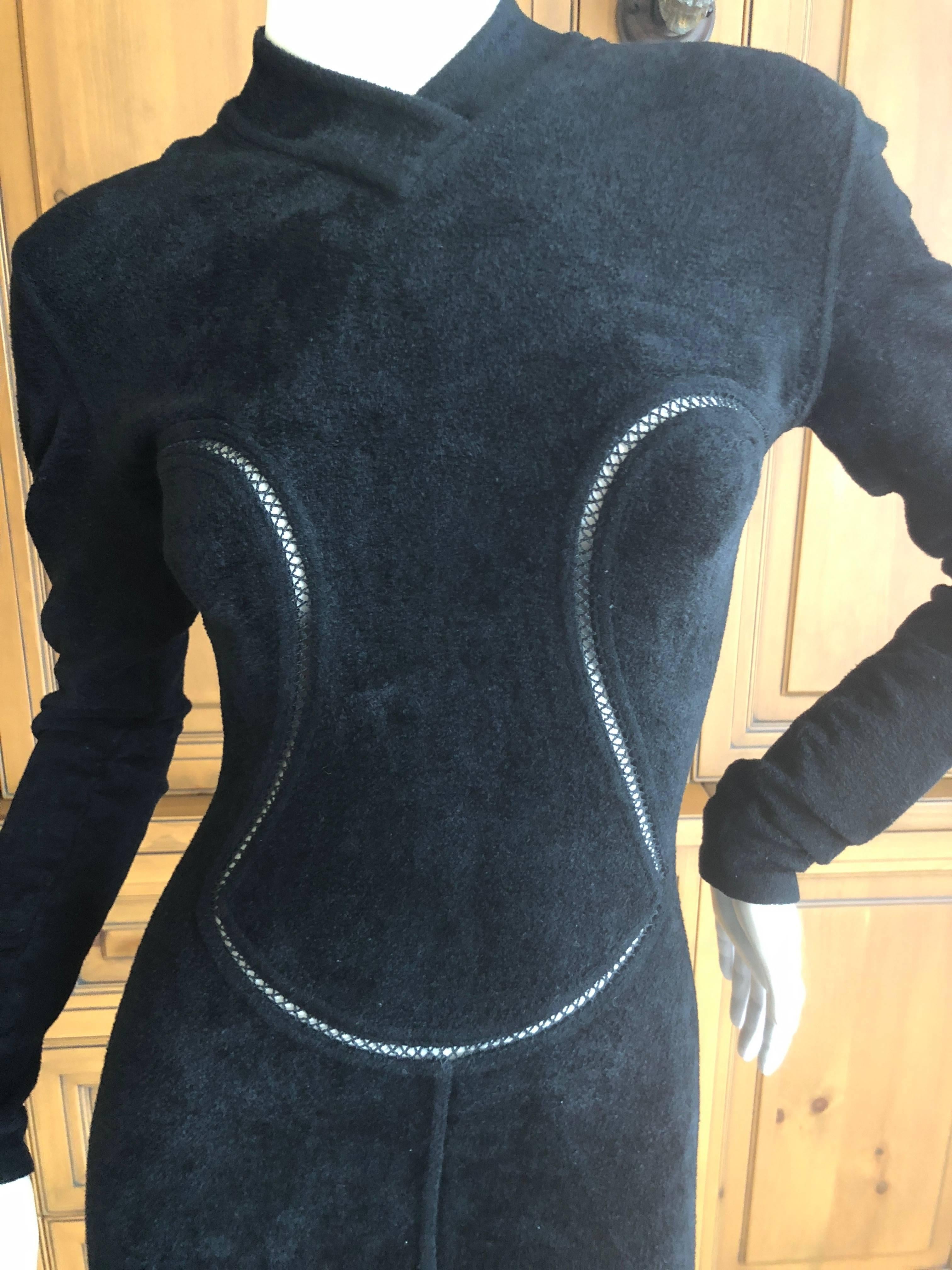 Azzedine Alaia Vintage A' 1991Plush Velour Little Black Dress with Sheer Inserts In Excellent Condition For Sale In Cloverdale, CA