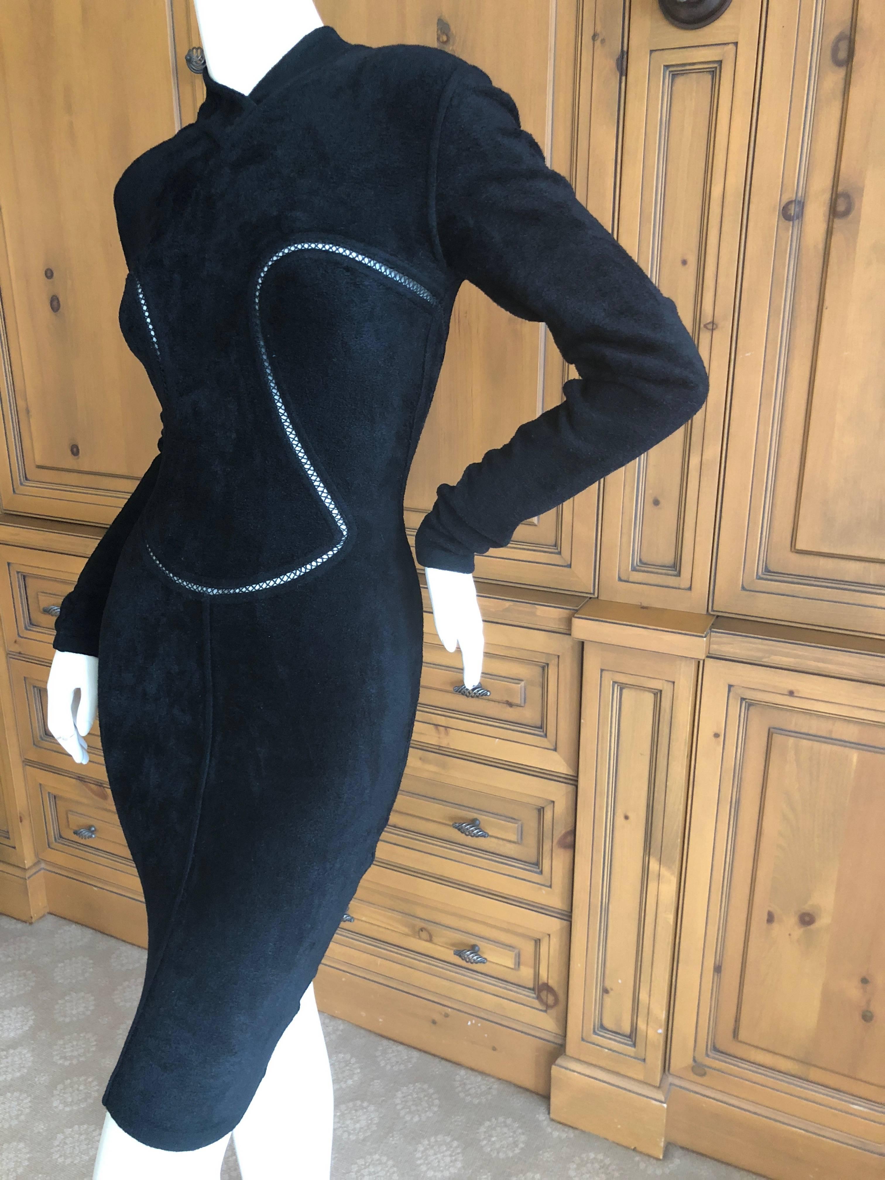 Azzedine Alaia Vintage A' 1991Plush Velour Little Black Dress with Sheer Inserts For Sale 2