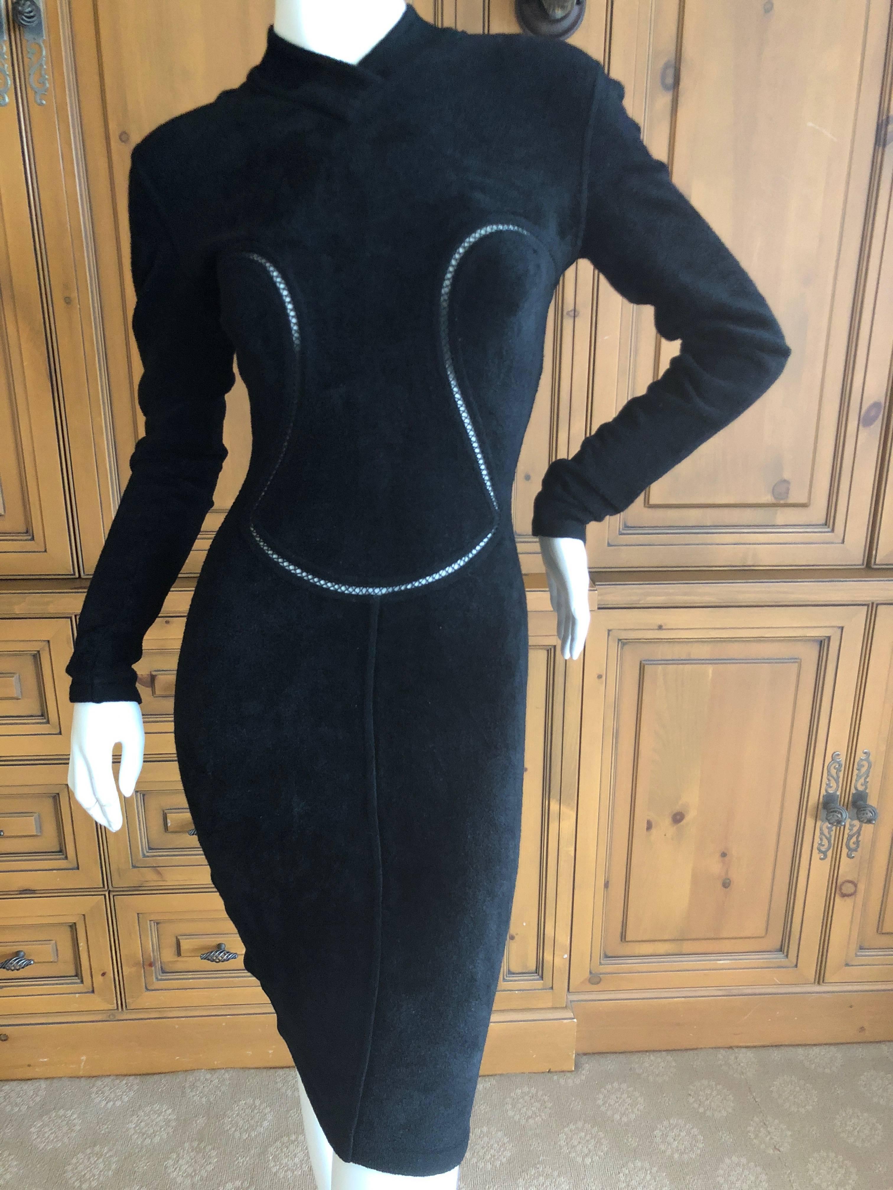 Azzedine Alaia Vintage 1991 Plush Velour Little Black Dress with Sheer Inserts 
  There is  a lot of stretch

No size tag, it is Alaia S-M

Bust 34