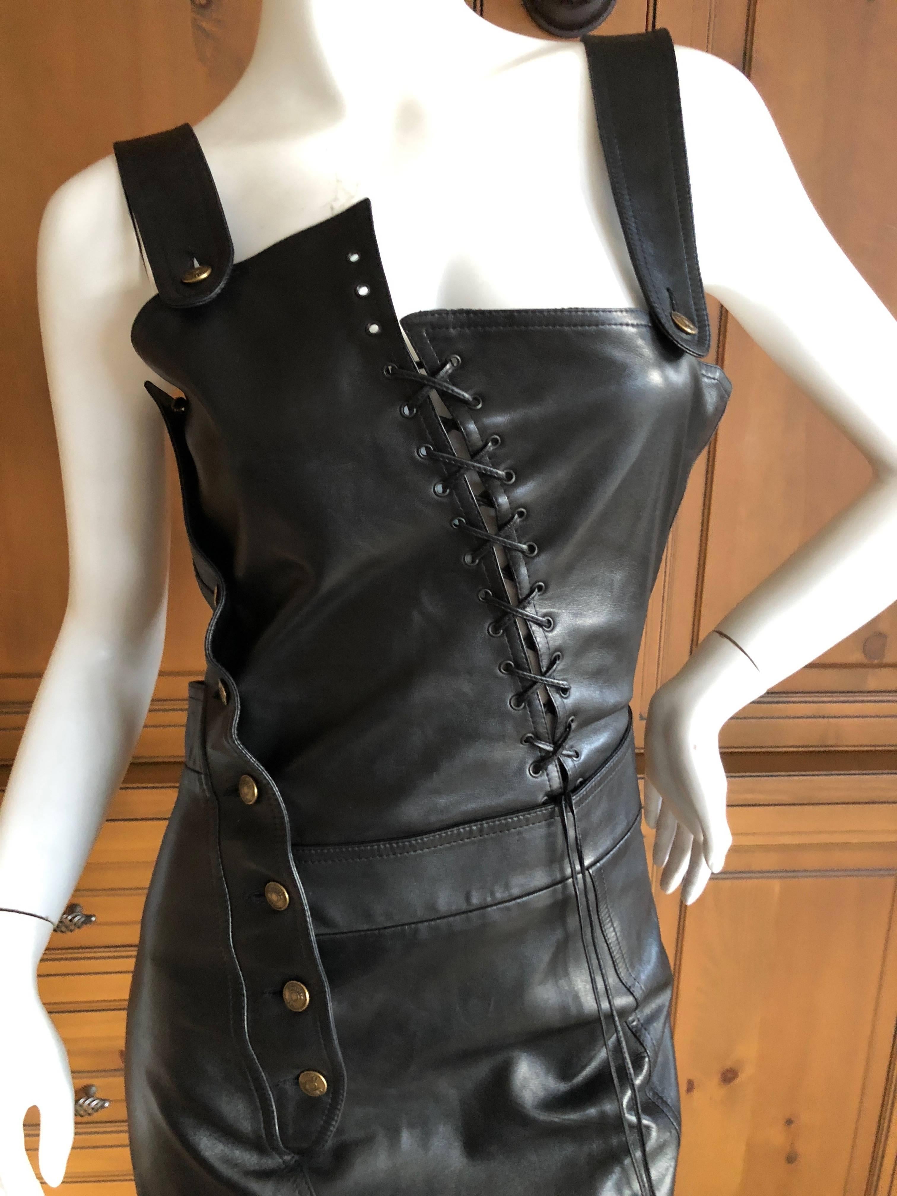 Christian Dior John Galliano Goth Black Asymmetrical Leather Dress Spring 2000 In Excellent Condition For Sale In Cloverdale, CA