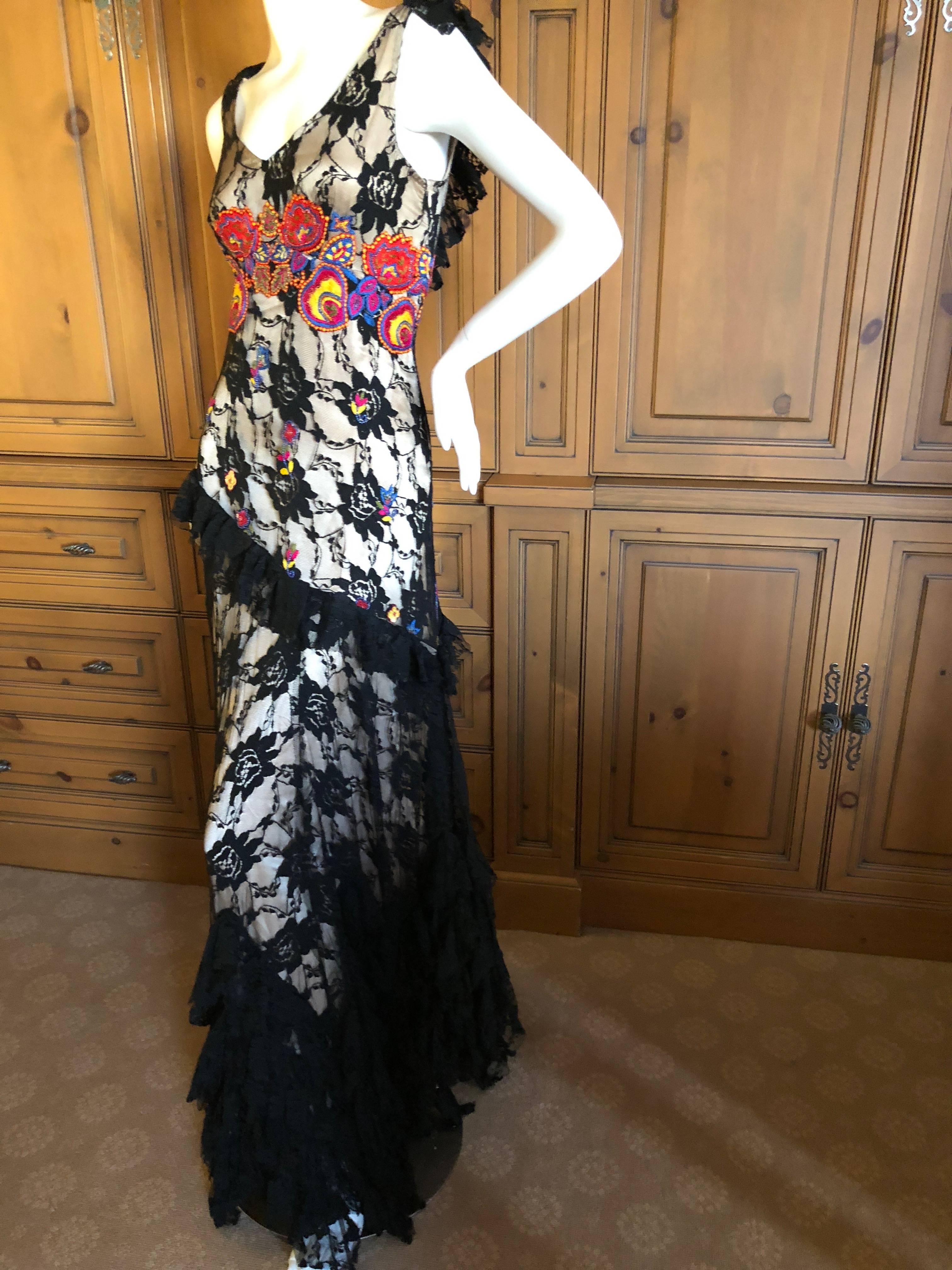 Black John Galliano Vintage Embroidered Ruffled Lace Flamenco Evening Dress  For Sale