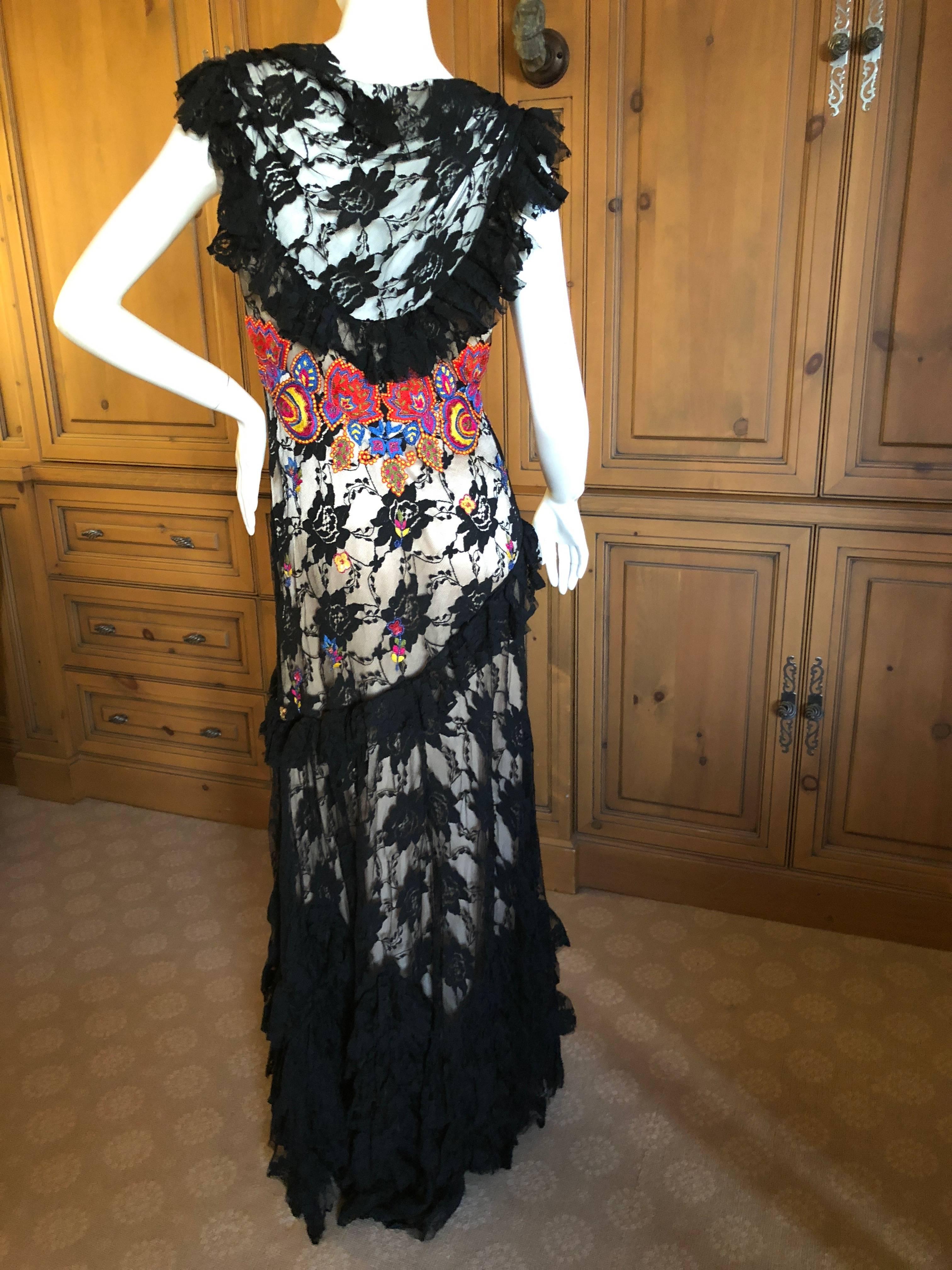 John Galliano Vintage Embroidered Ruffled Lace Flamenco Evening Dress  For Sale 2