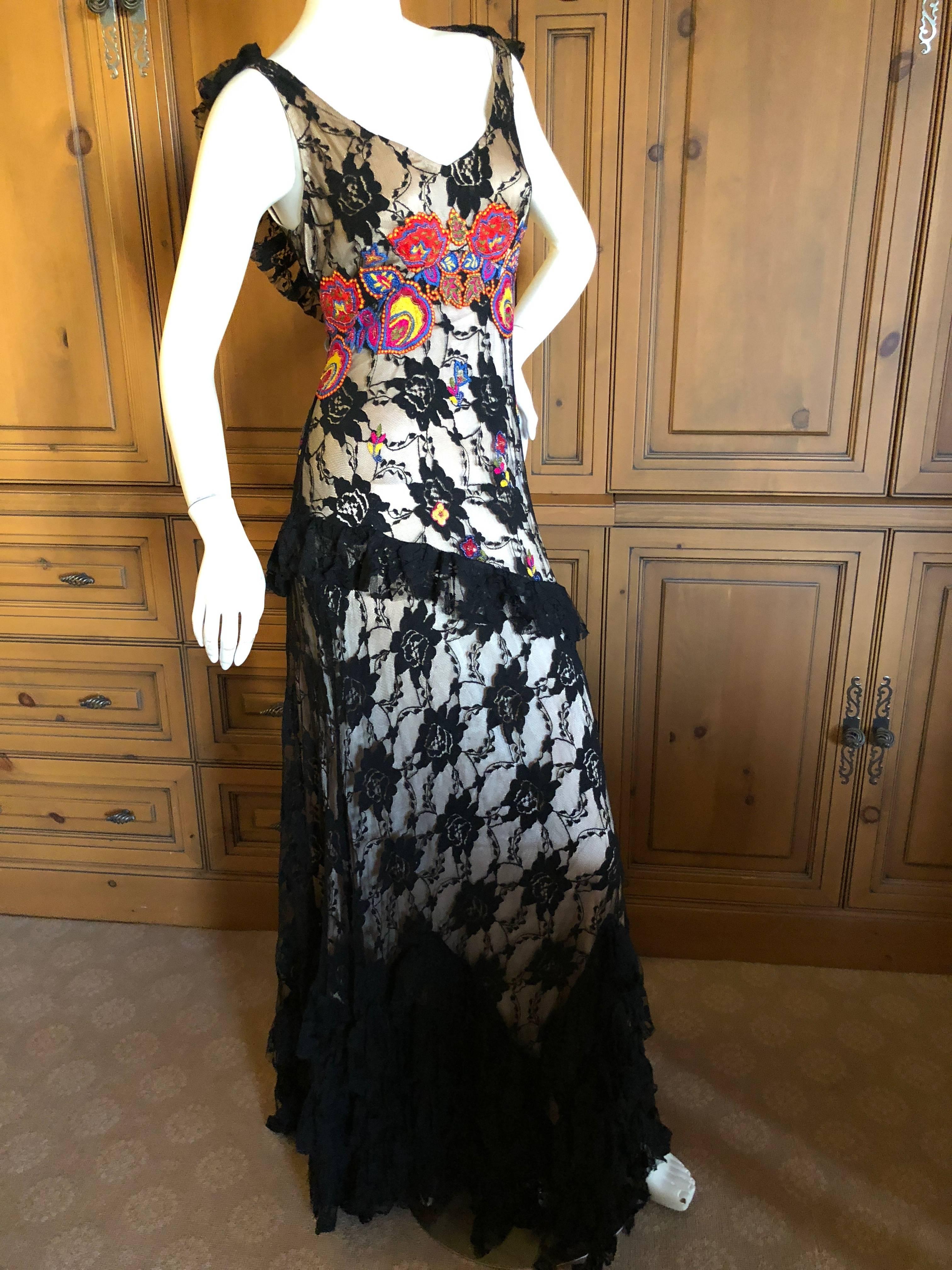 John Galliano Vintage Embroidered Ruffled Lace Flamenco Evening Dress  For Sale 1