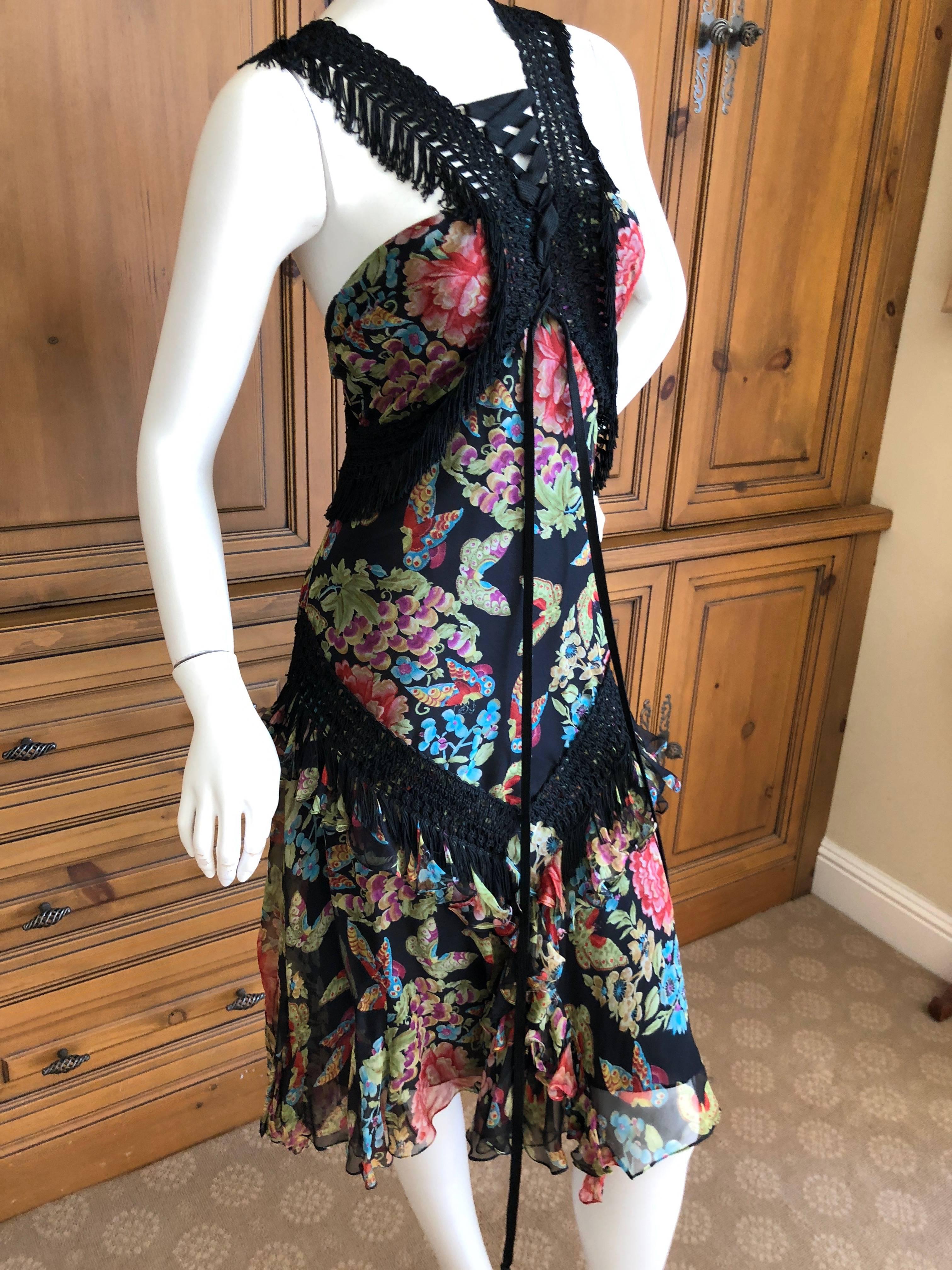 John Galliano AW 2003 Floral Dress w Macrame Fringe Corset Lace Trim Book Piece In Excellent Condition For Sale In Cloverdale, CA