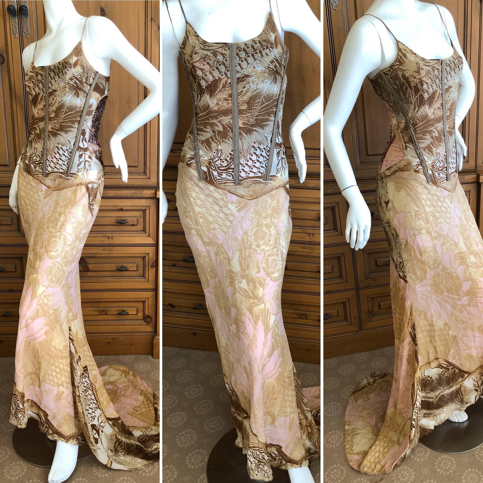 Roberto Cavalli Vintage Gold Trim Silk Corseted Evening Dress with Full Train 6