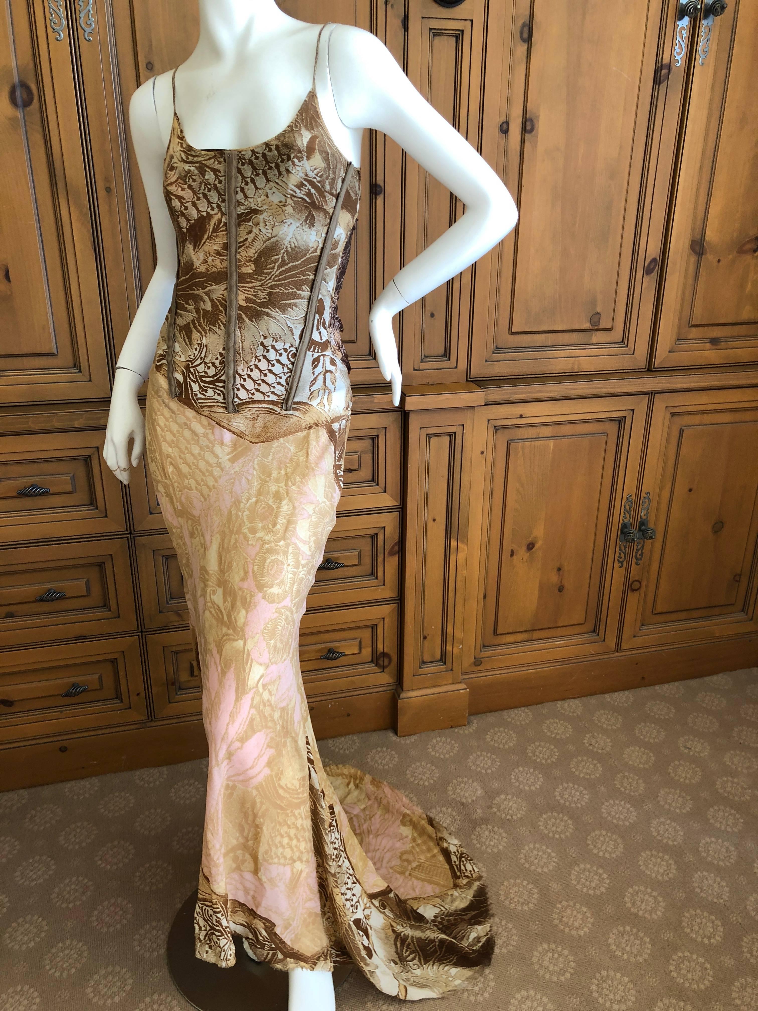 Roberto Cavalli Vintage Gold Trim Silk Corseted Evening Dress with Full Train 1