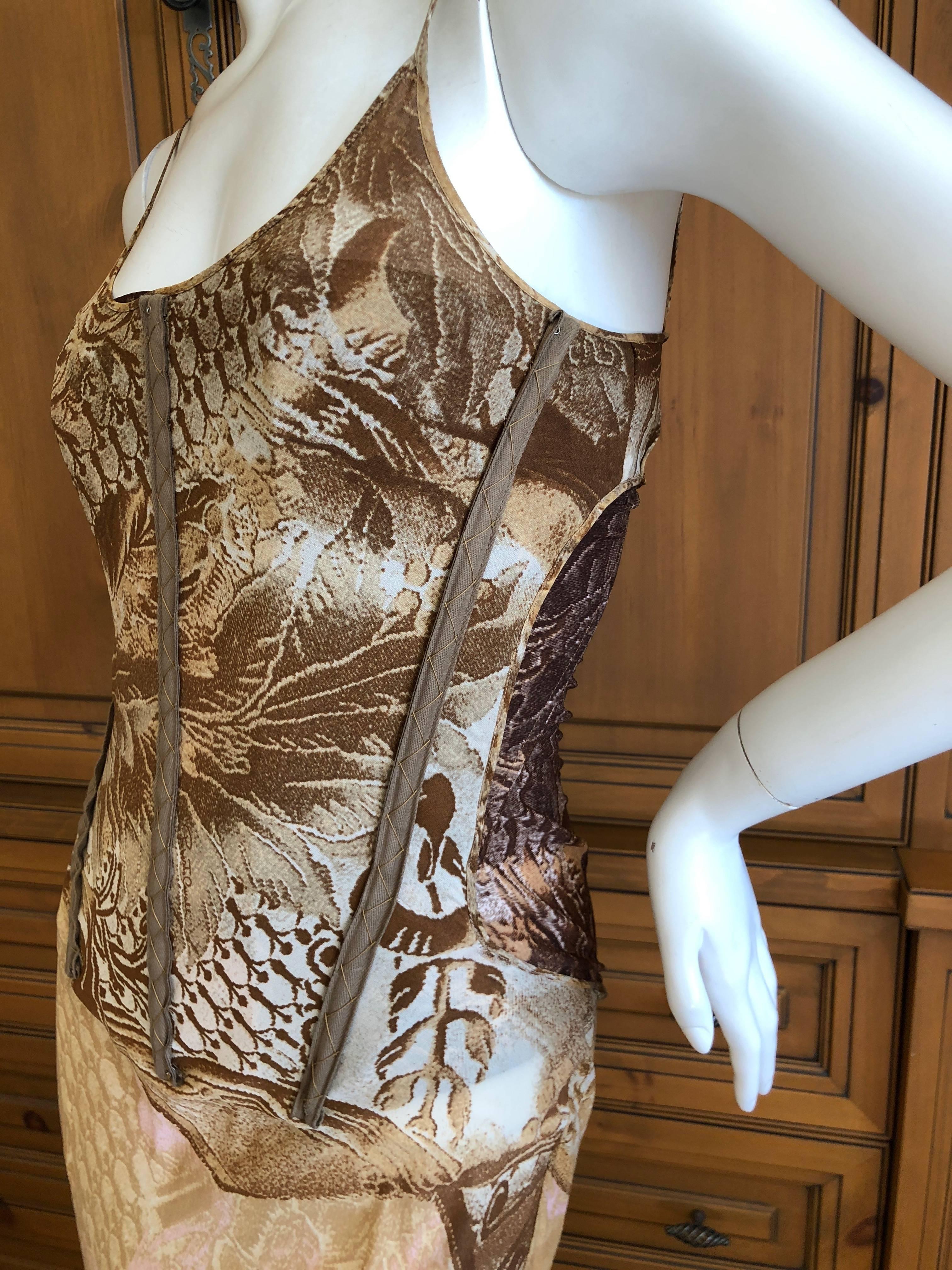 Roberto Cavalli Vintage Gold Trim Silk Corseted Evening Dress with Full Train In Excellent Condition In Cloverdale, CA