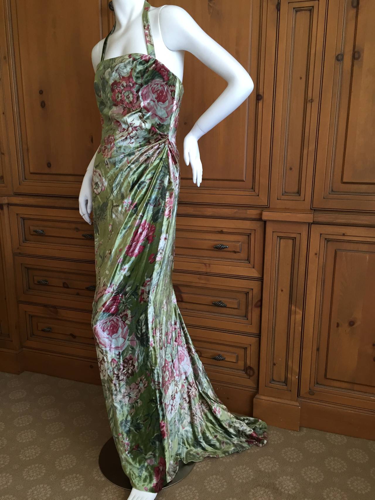 Bill Blass 1970's Elegant Floral Silk Velvet Strapless Dress with Shawl 2