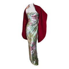 Bill Blass 1970's Elegant Floral Silk Velvet Strapless Dress with Shawl