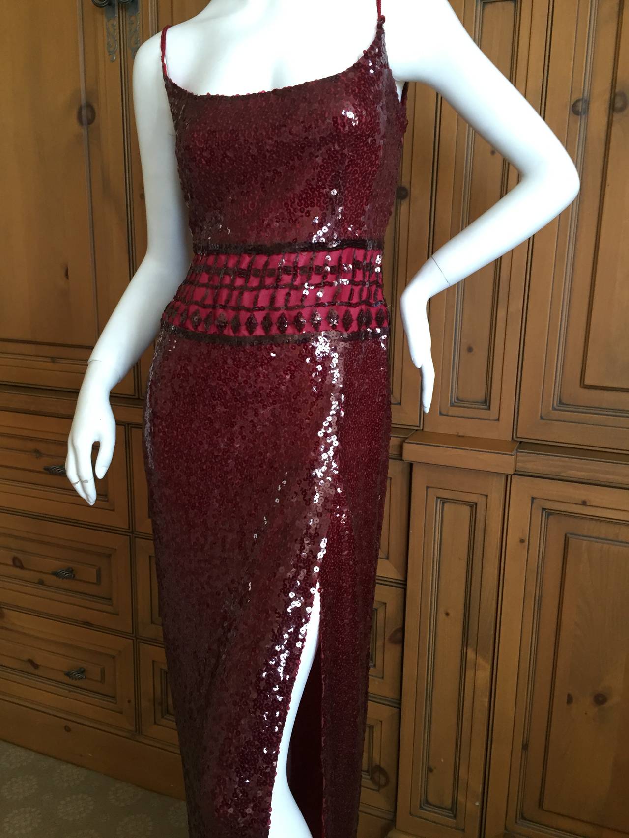 Richard Tyler Couture Seductive Silk Sequin Mermaid Gown w High Slit 
Size 10
There is a lot of stretch in the fabric

BUST:	38 in. 
WAIST:	31 in. 
HIP:	45 in. 
LENGTH:	58 in.