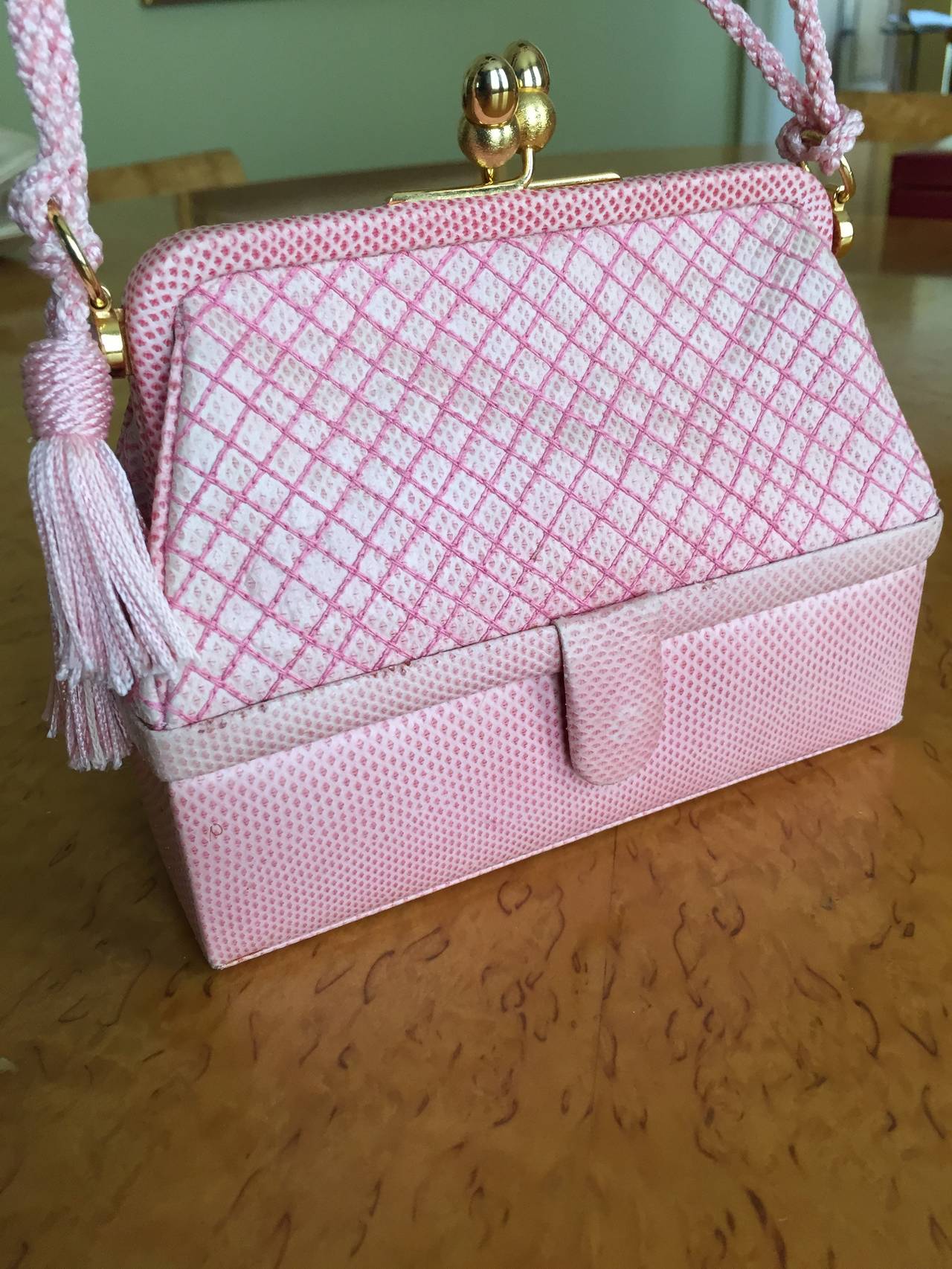 Judith Leiber Mini Pale Pink Quilted Lizard Tassel Bag In Good Condition In Cloverdale, CA