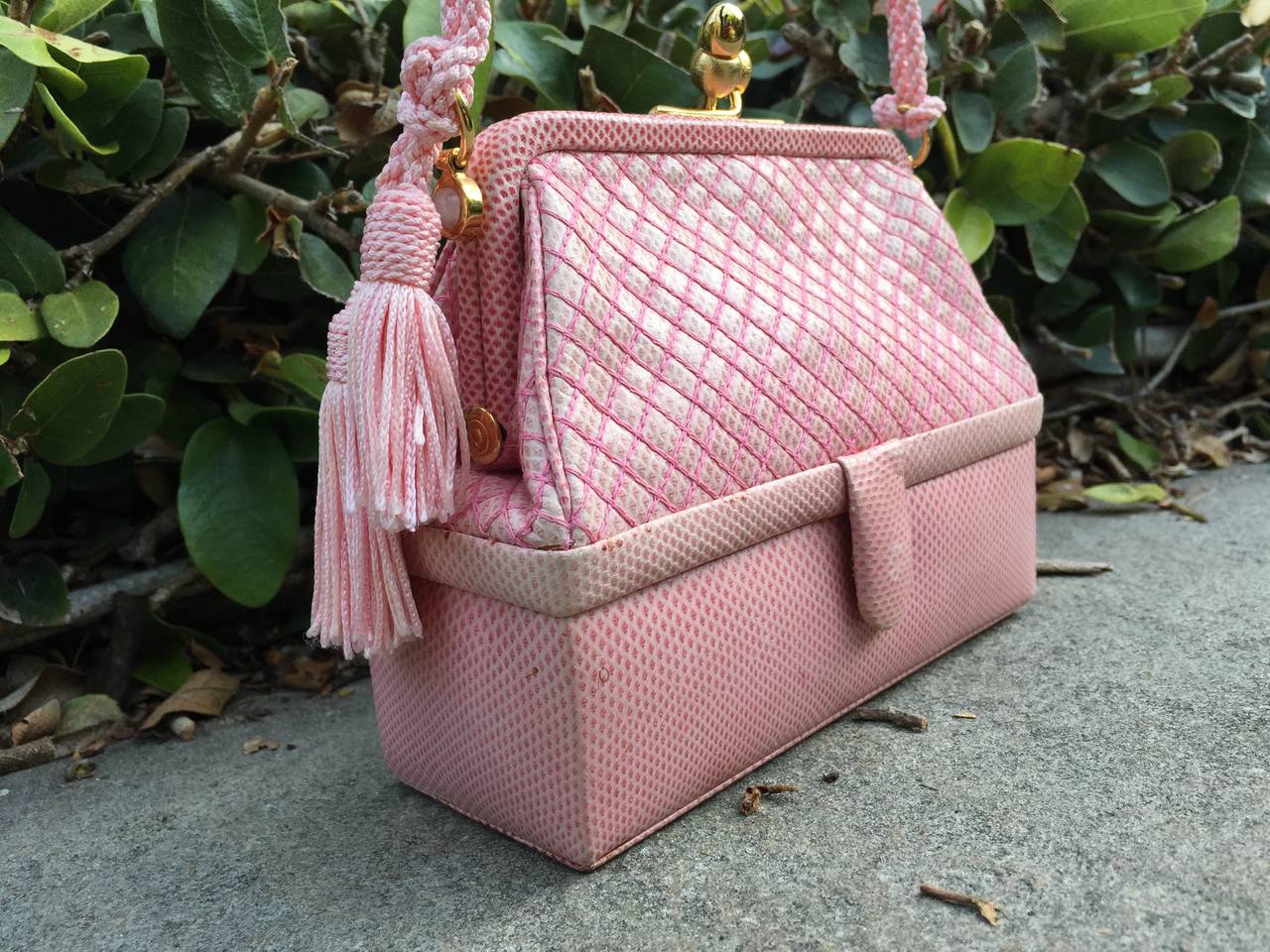 Judith Leiber Mini Pale Pink Quilted Lizard Tassel Bag 4