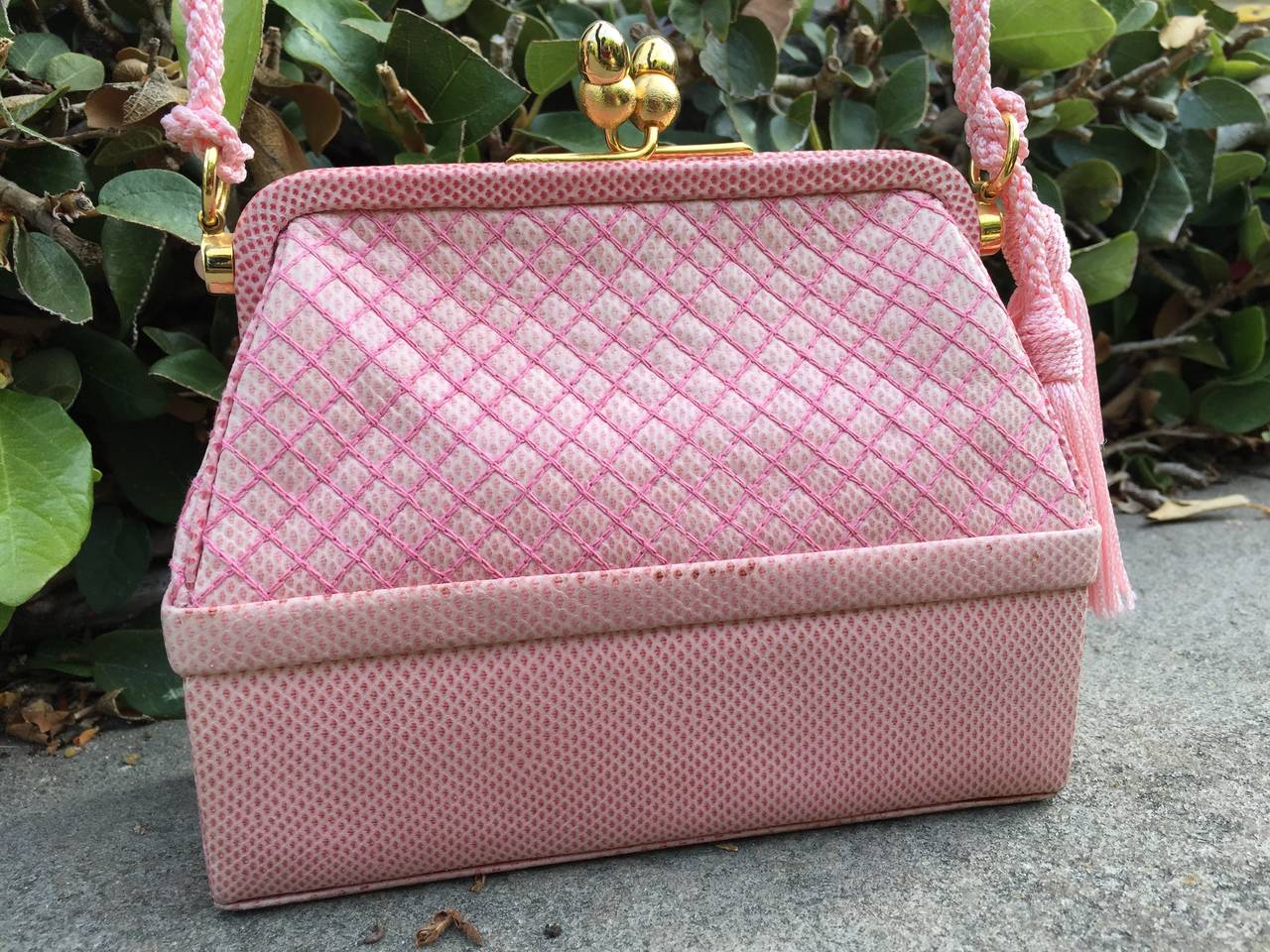 Judith Leiber Mini Pale Pink Quilted Lizard Tassel Bag 5